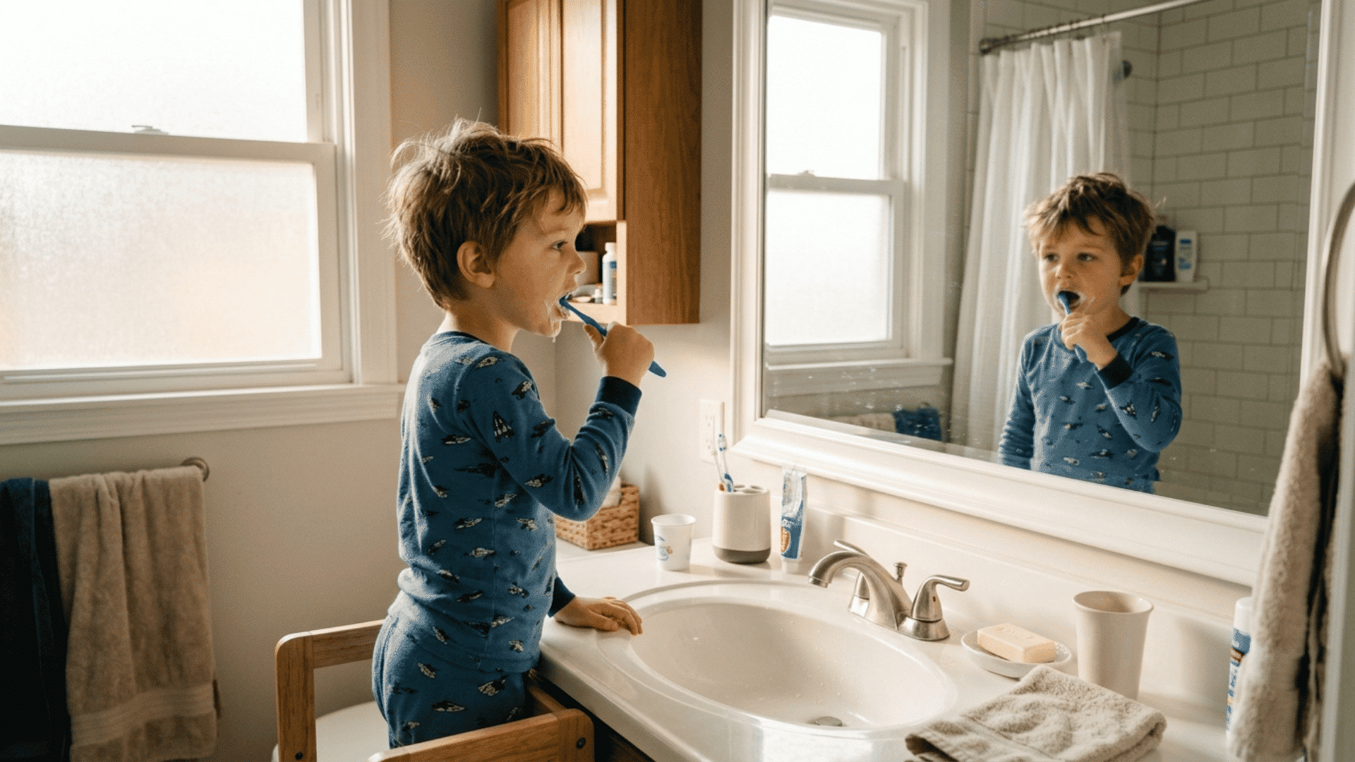child brushing teeth during a calm morning routine in a bright family bathroom before school at home daily today