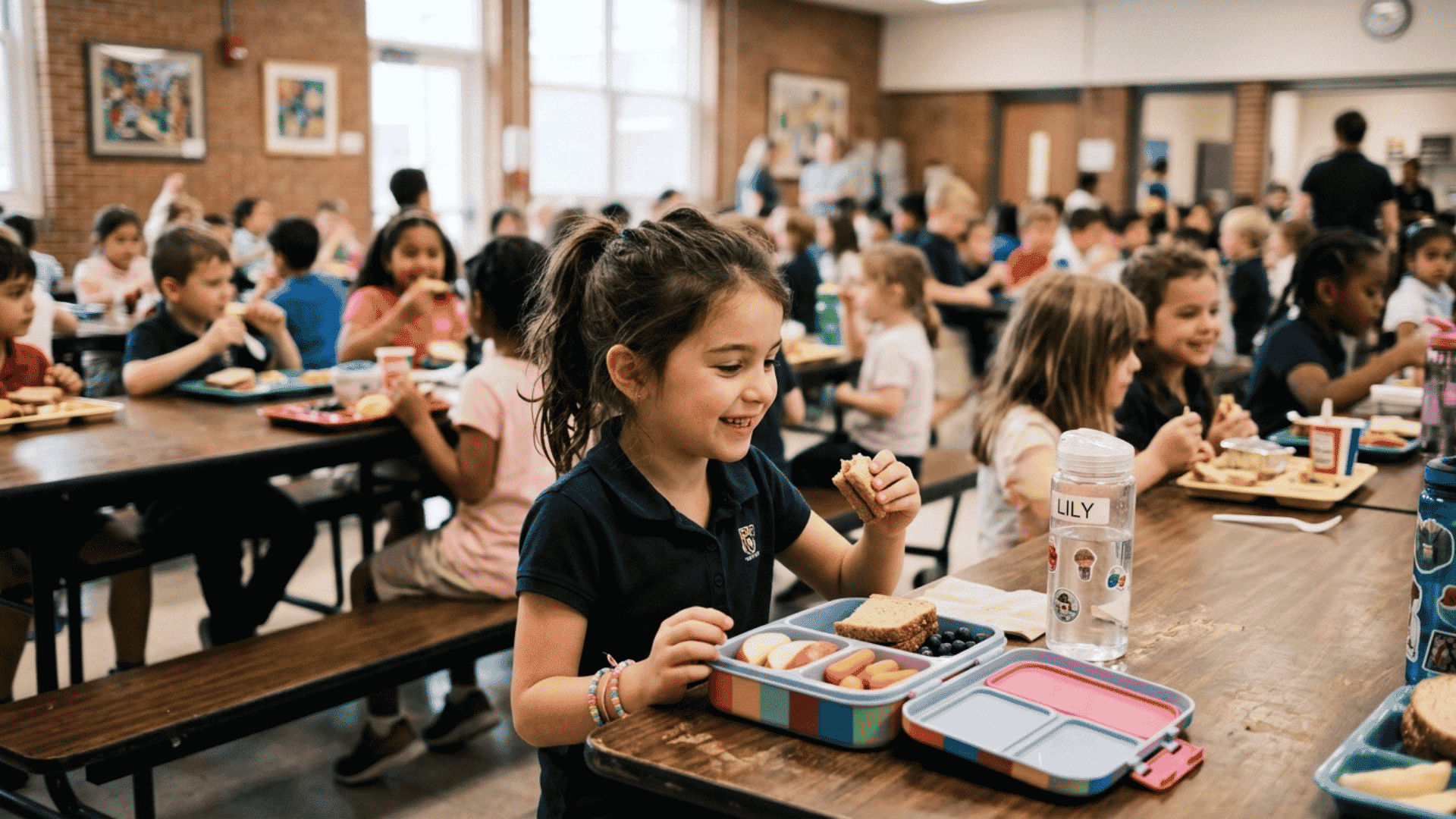 child eating lunch with water bottle during school break in a clean cafeteria with classmates nearby at school daily