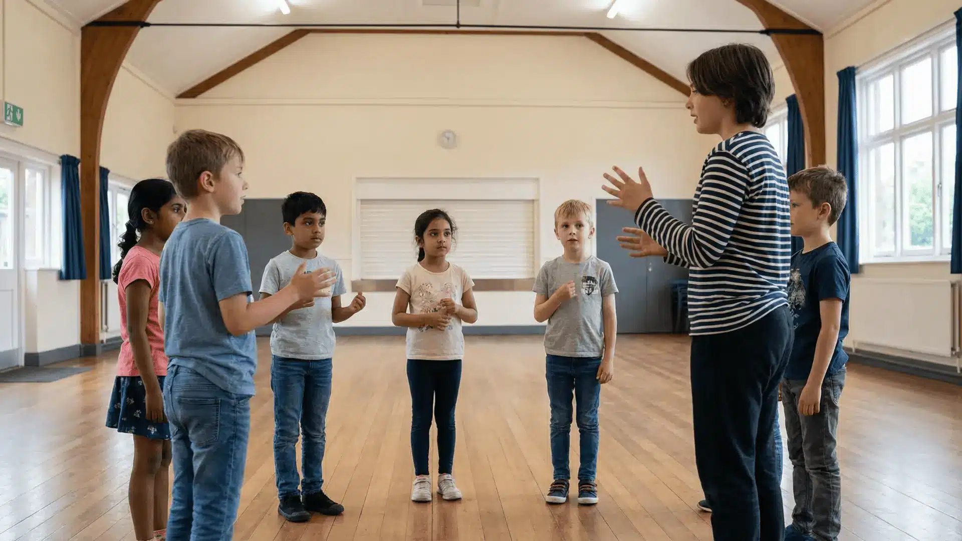 Child giving instructions while others follow actions