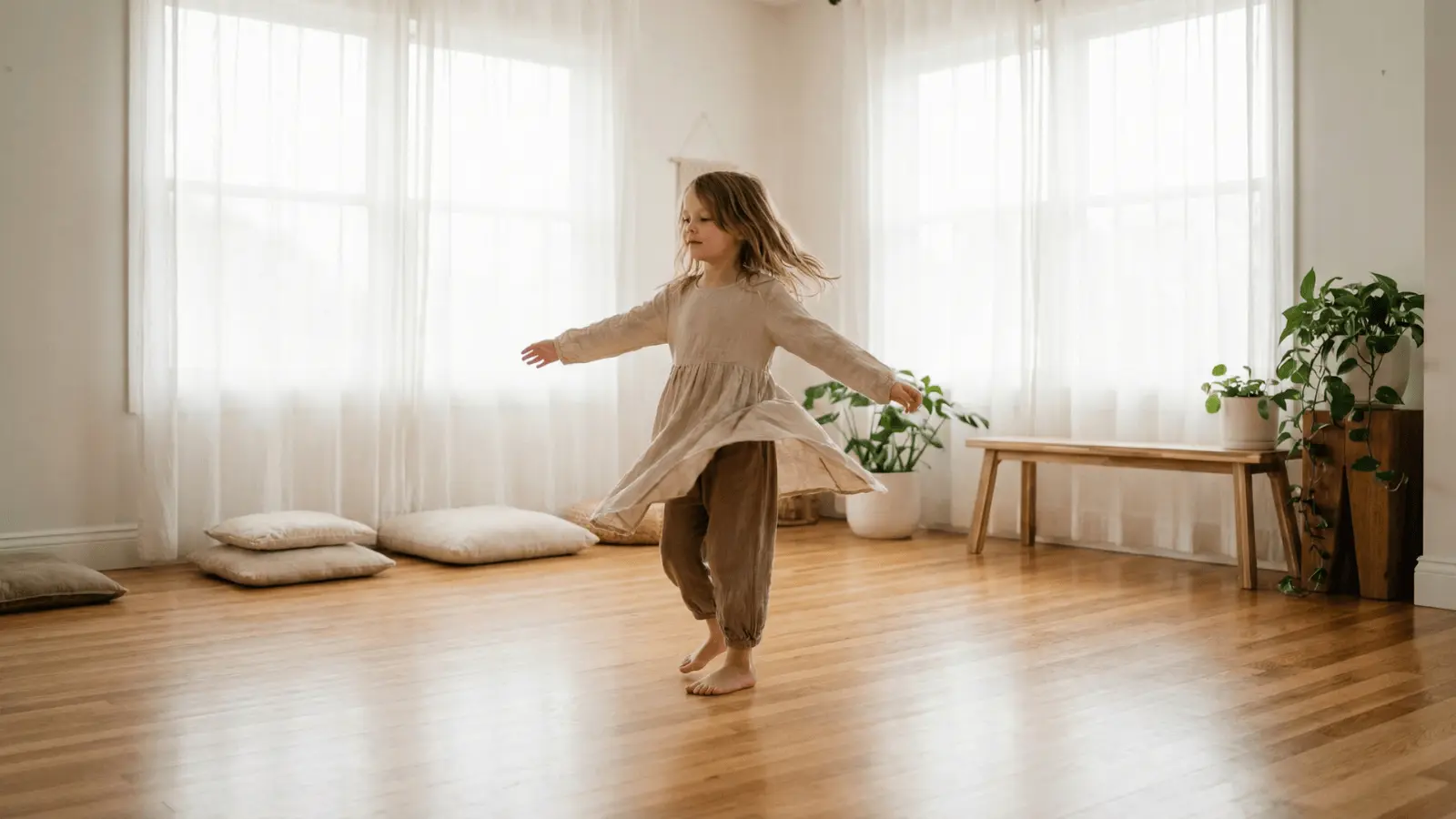 Child moving freely in a room with arms and body relaxed during music activity
