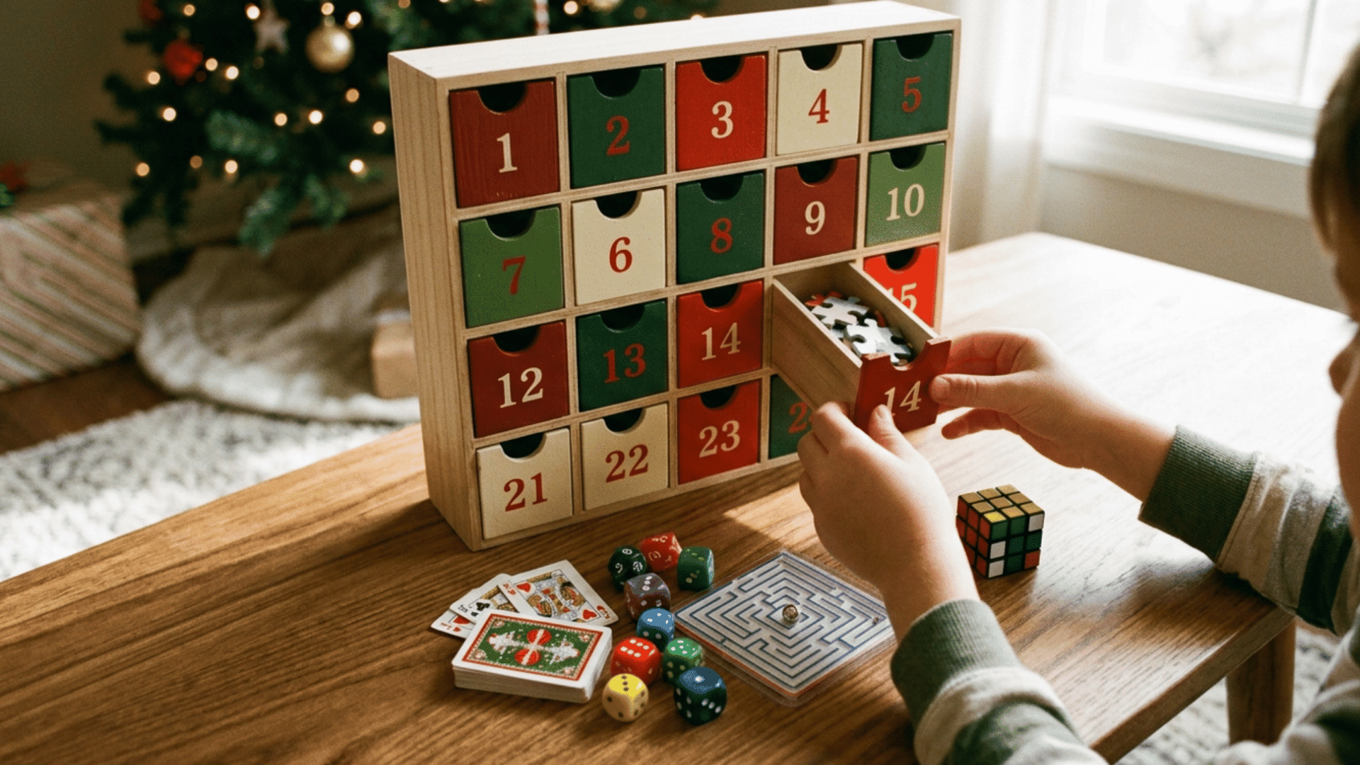 child opening puzzle-themed advent calendar with dice games, playing cards, and festive christmas decorations indoors