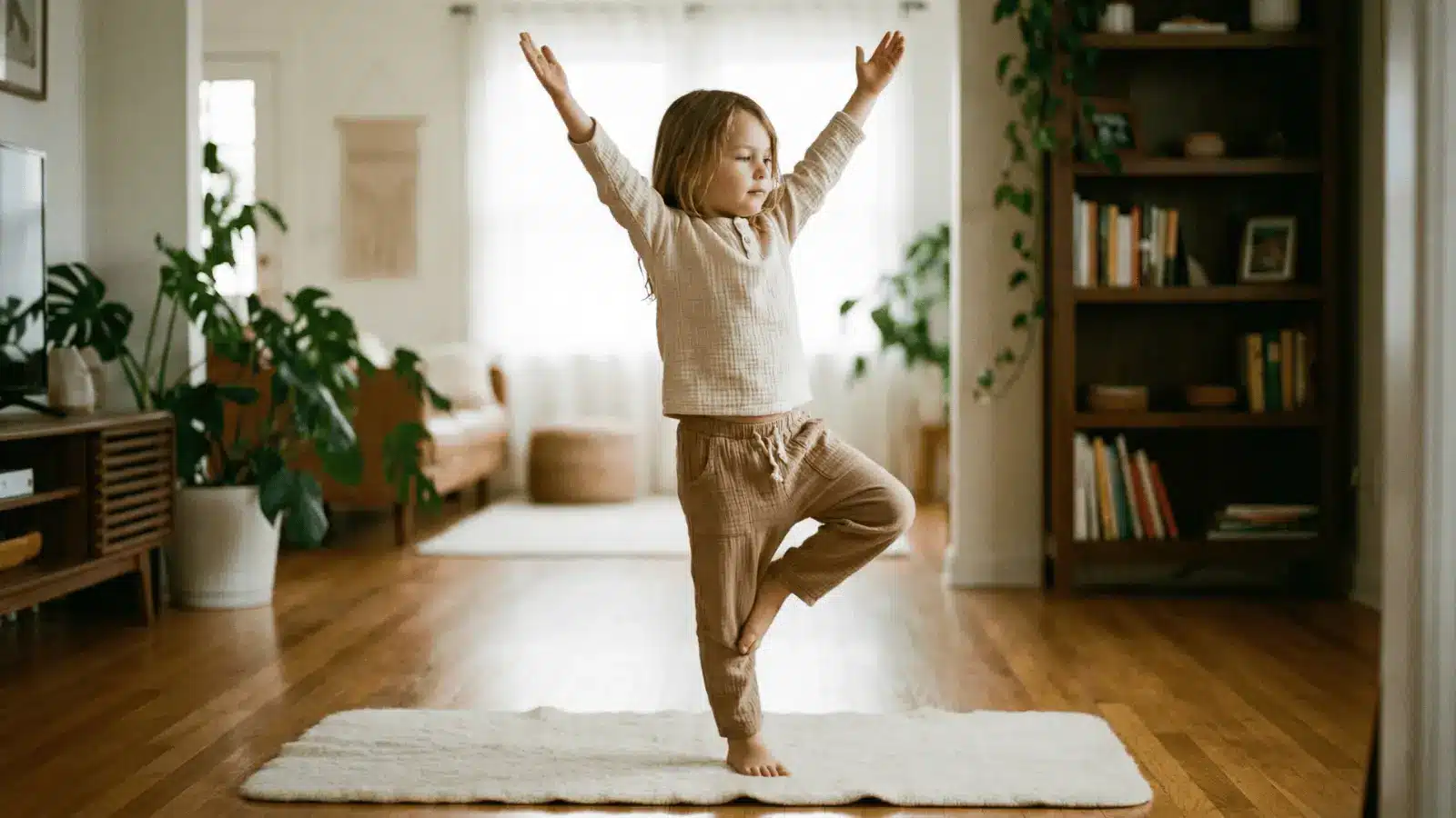 Child performing a simple yoga stretch on a mat indoors