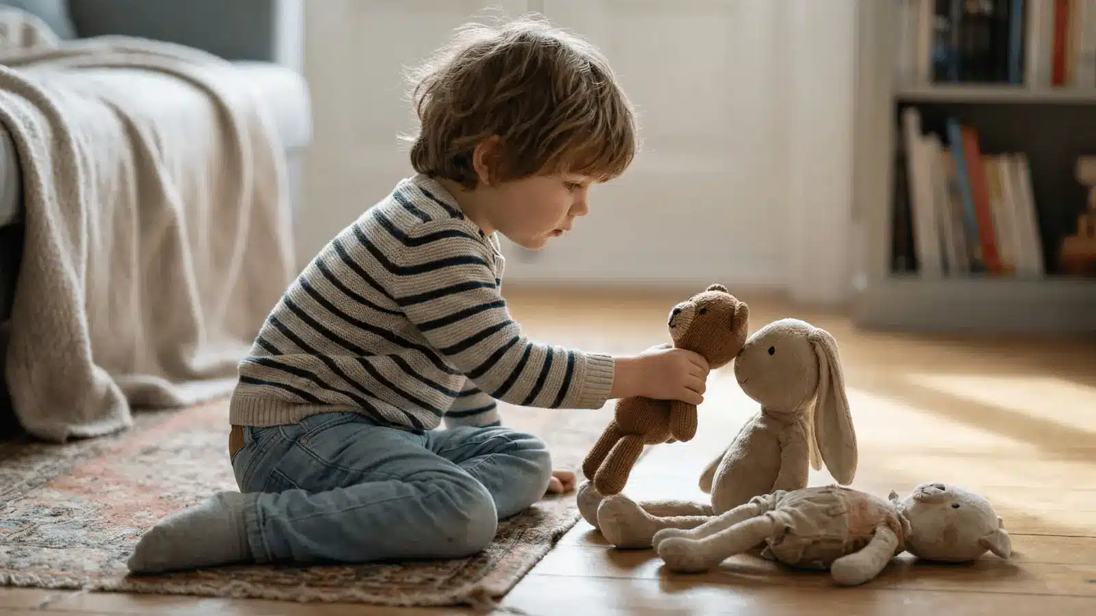 Child playing with soft toys on the floor and acting out a situation