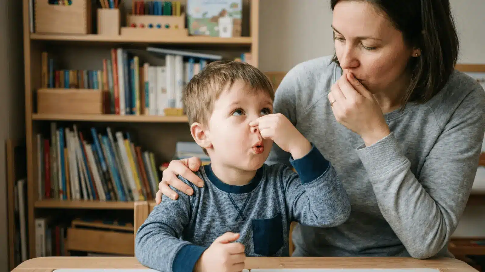 Child practicing short nose breaths and a long exhale while sitting with an adult