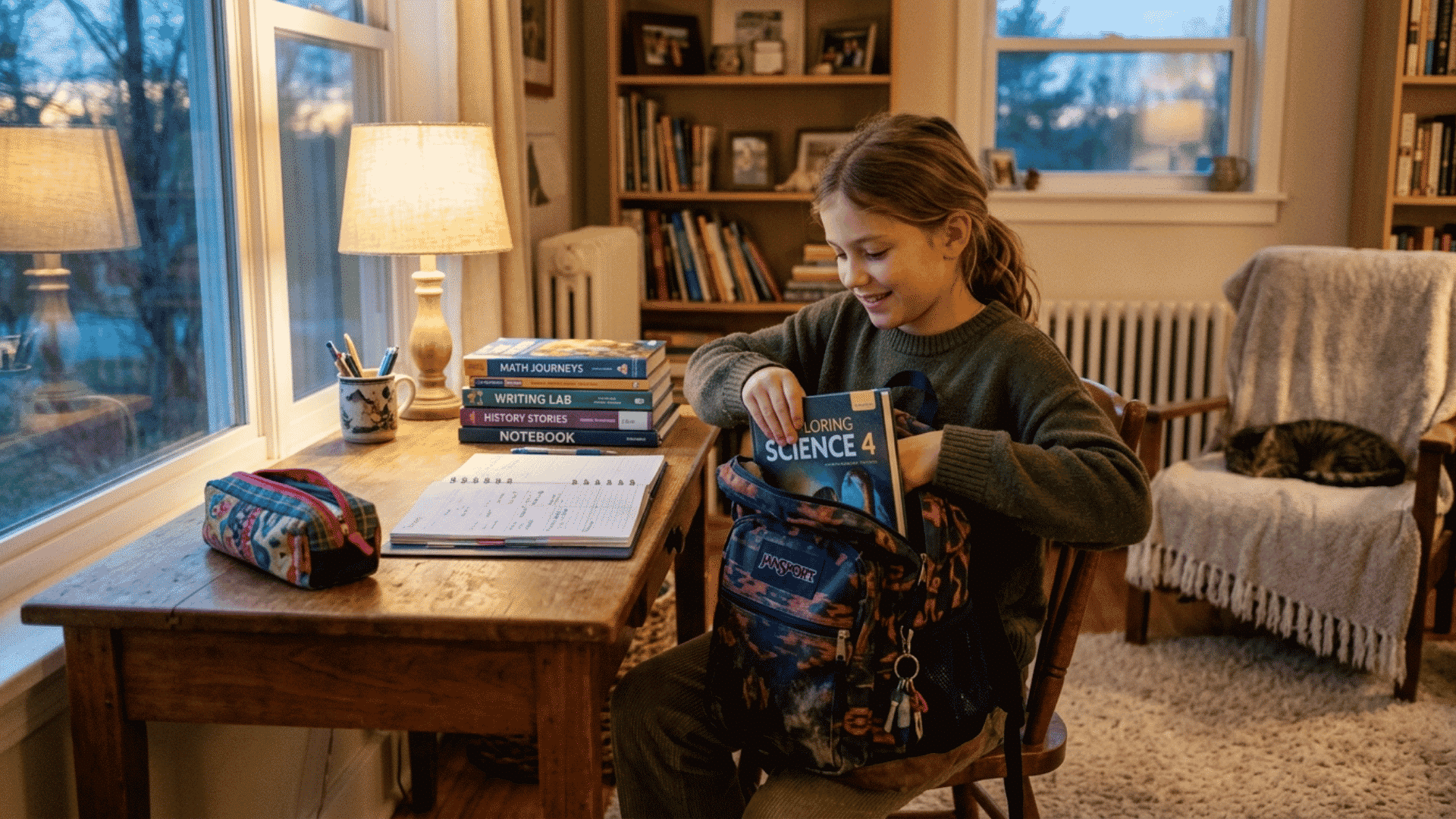 child preparing school bag and books at home during an organized evening routine before the next school day