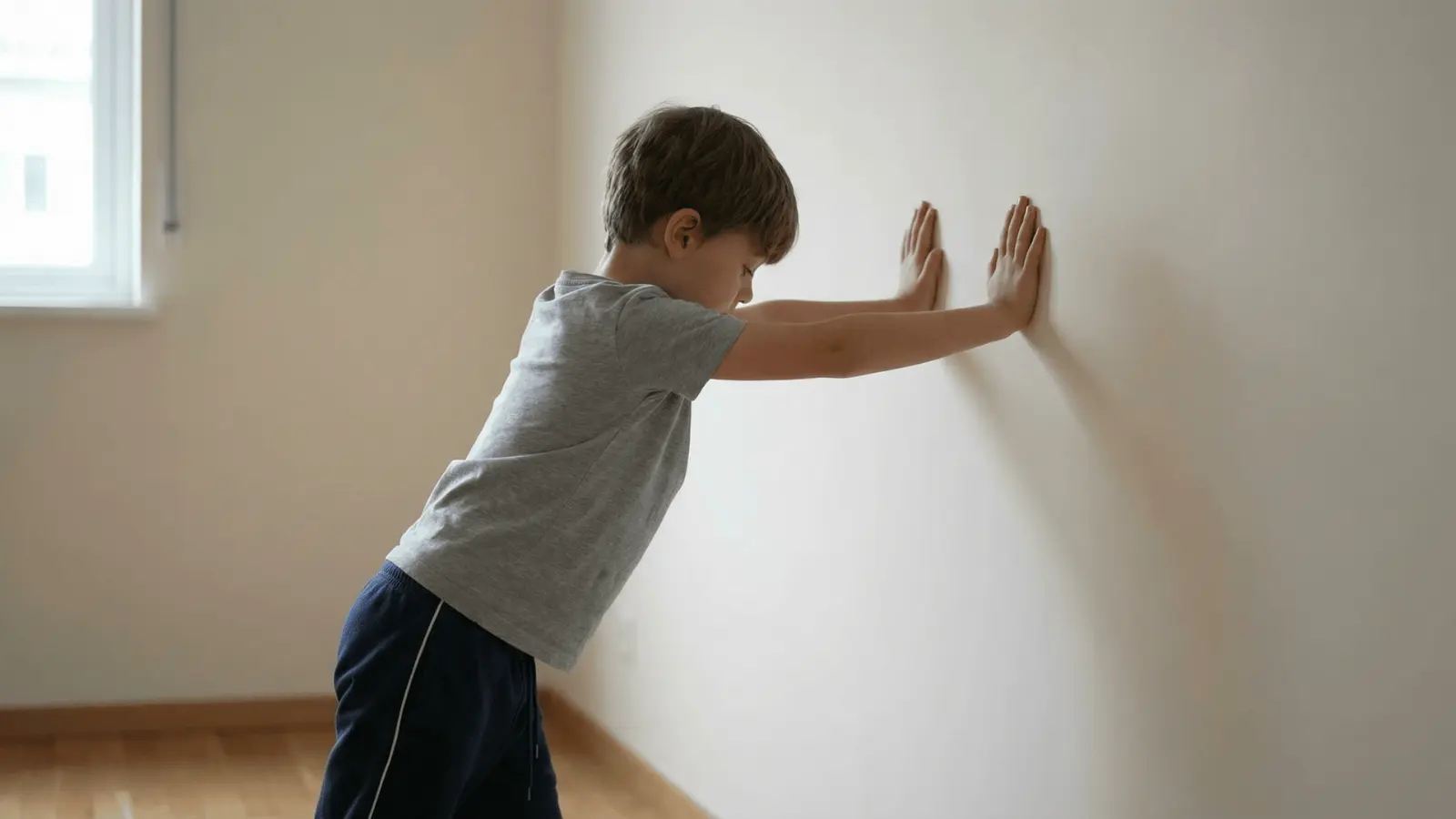 Child pushing both hands against a wall with arms extended in a room