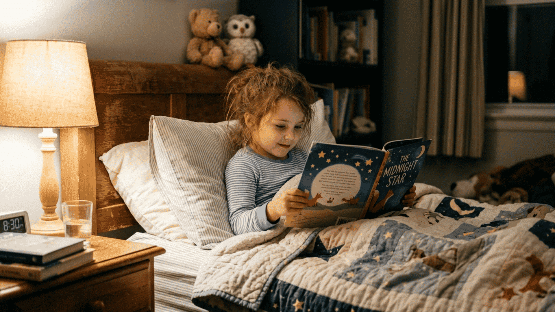 child reading a bedtime story in nightwear before sleep during a calm nighttime routine at home daily now
