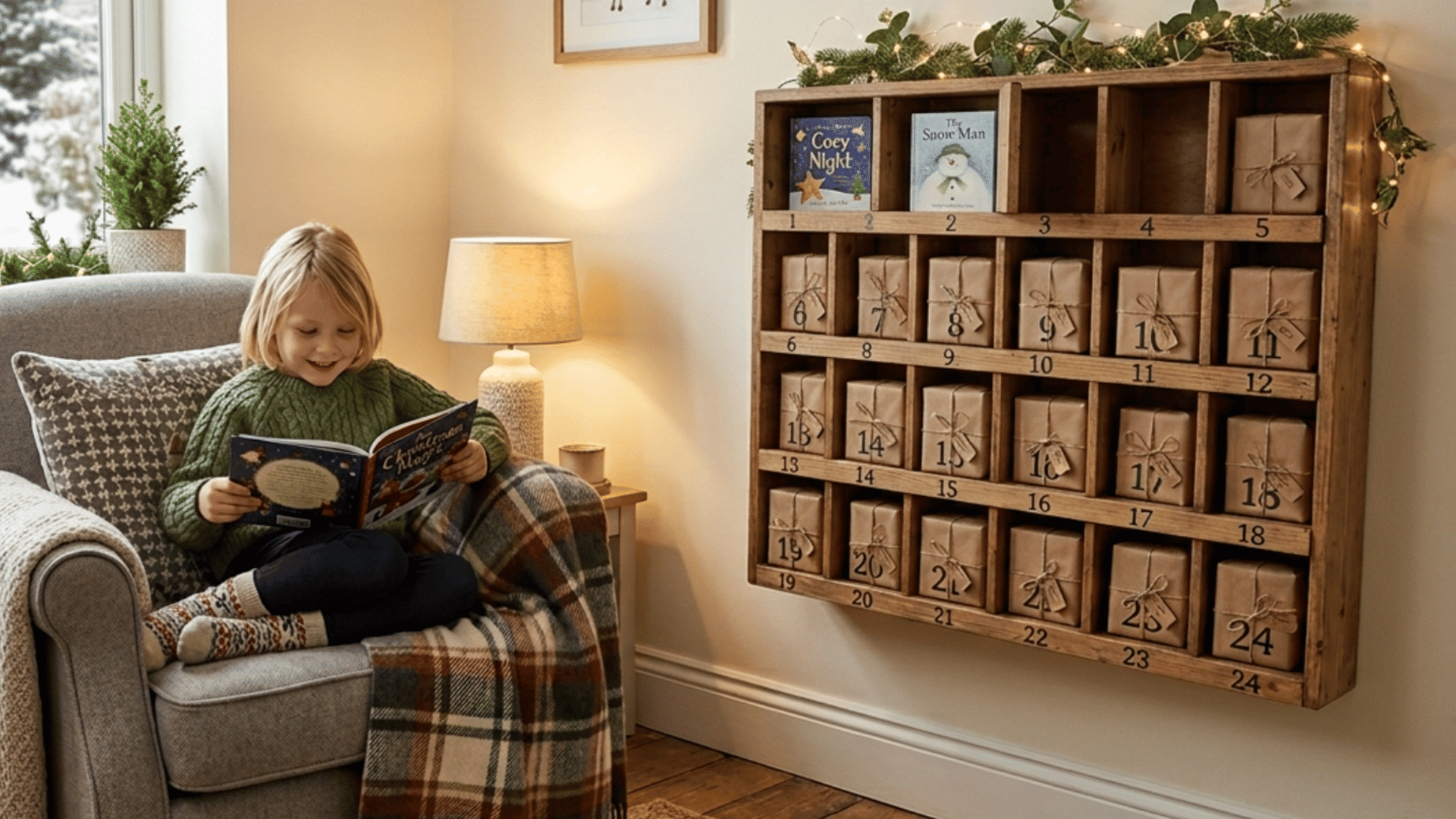child reading beside storybook advent calendar with wrapped gifts, cozy chair, and warm christmas room decor