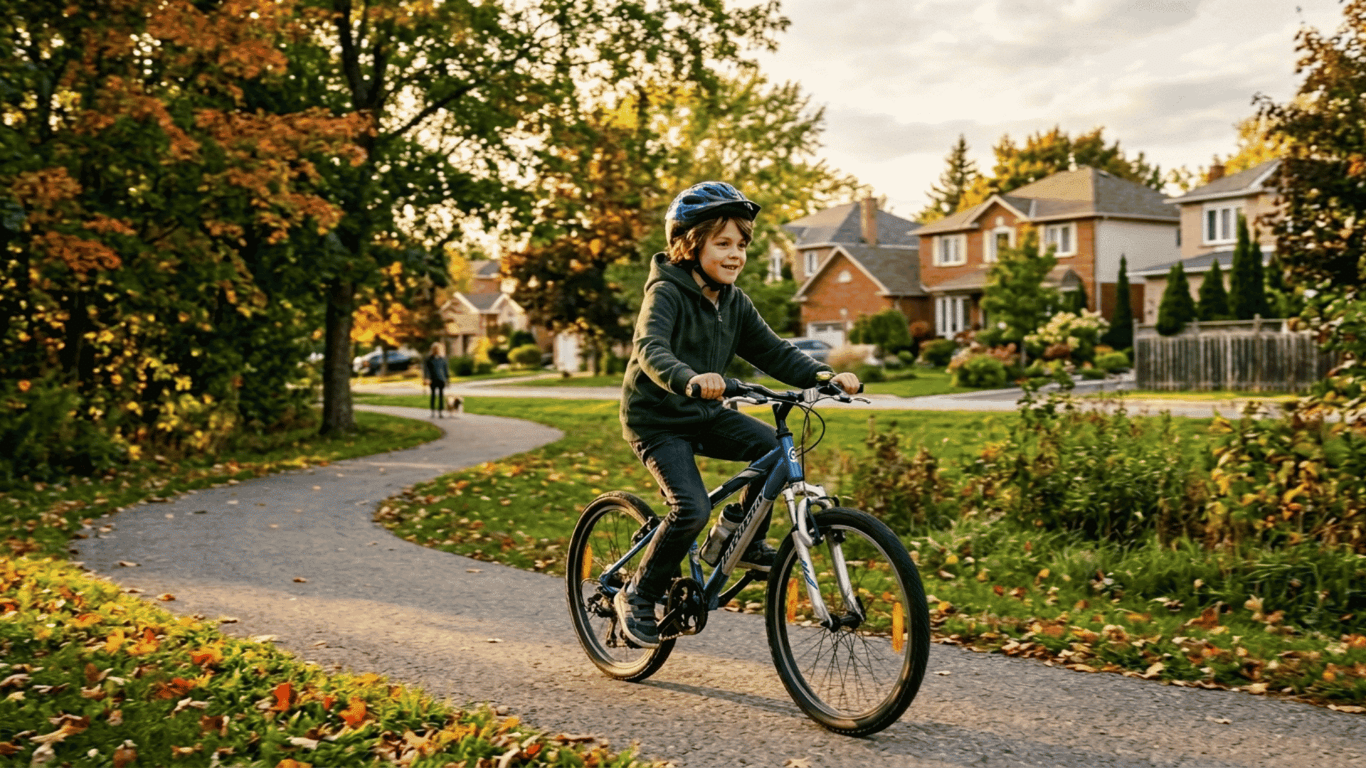 child riding bicycle in a neighborhood park during a healthy outdoor activity routine after classes daily