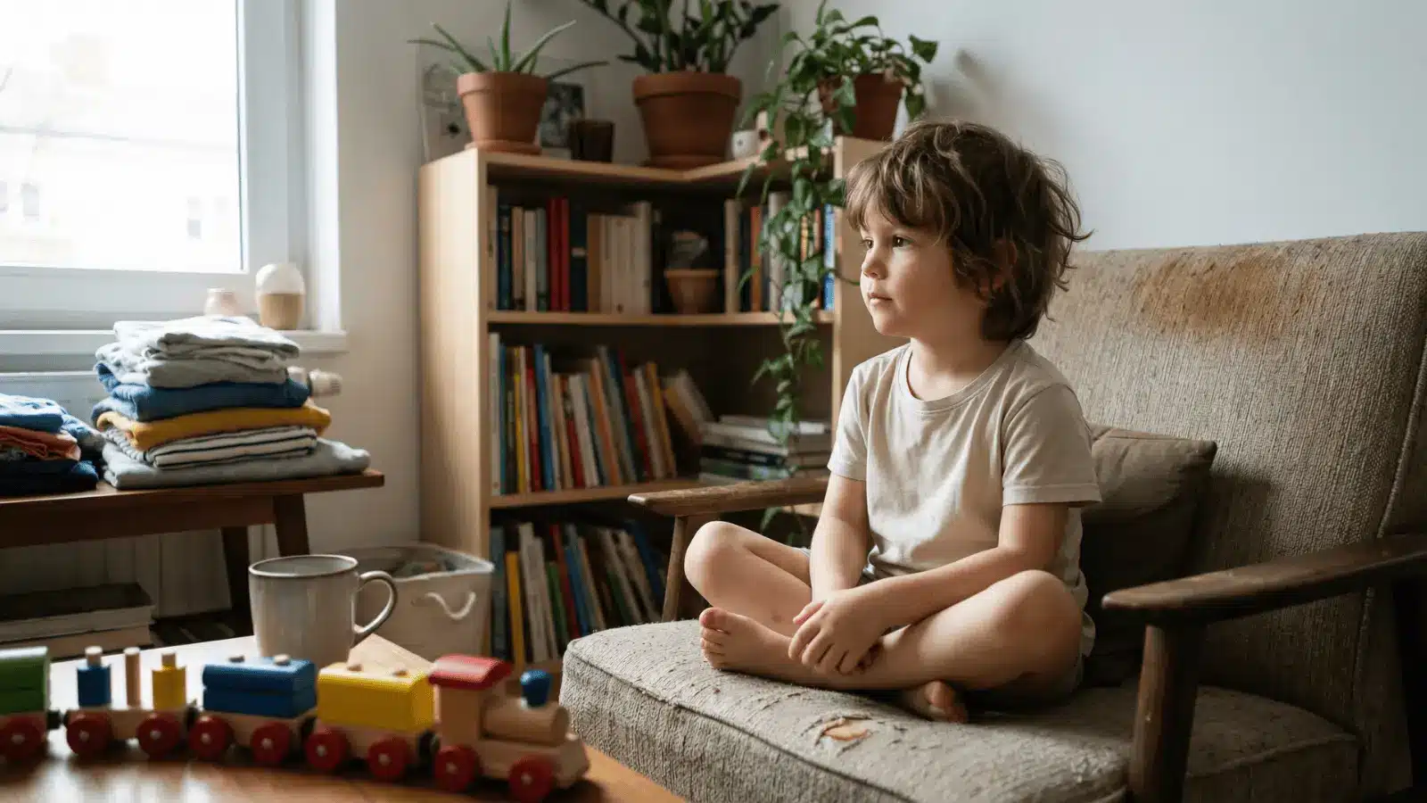 Child sitting and observing objects around the room