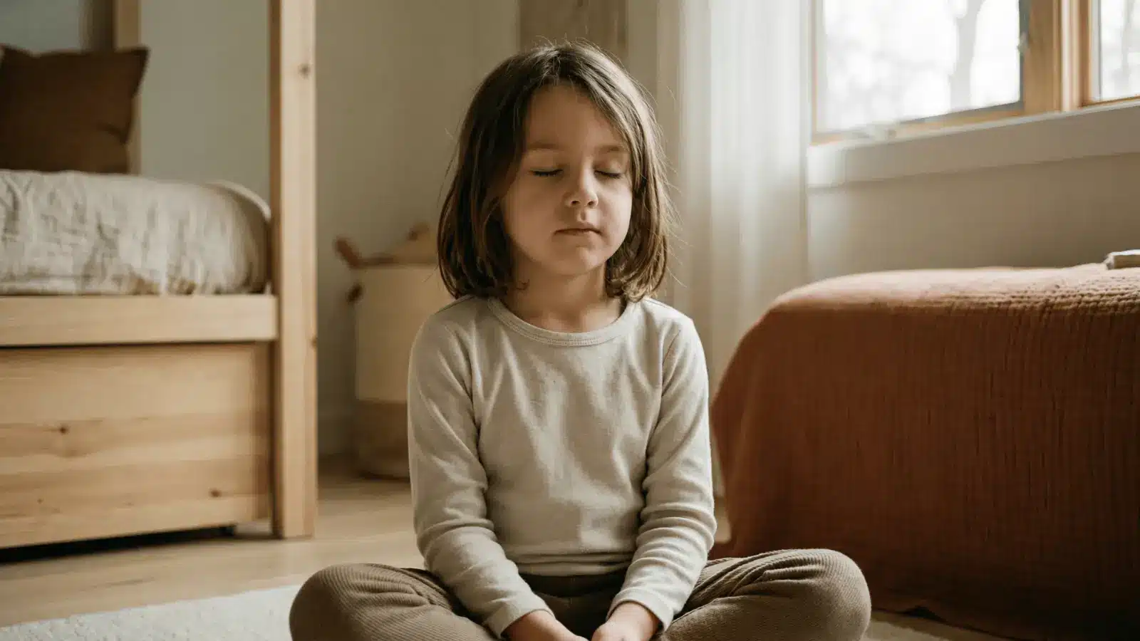 Child sitting quietly with eyes closed and hands resting while focusing inward