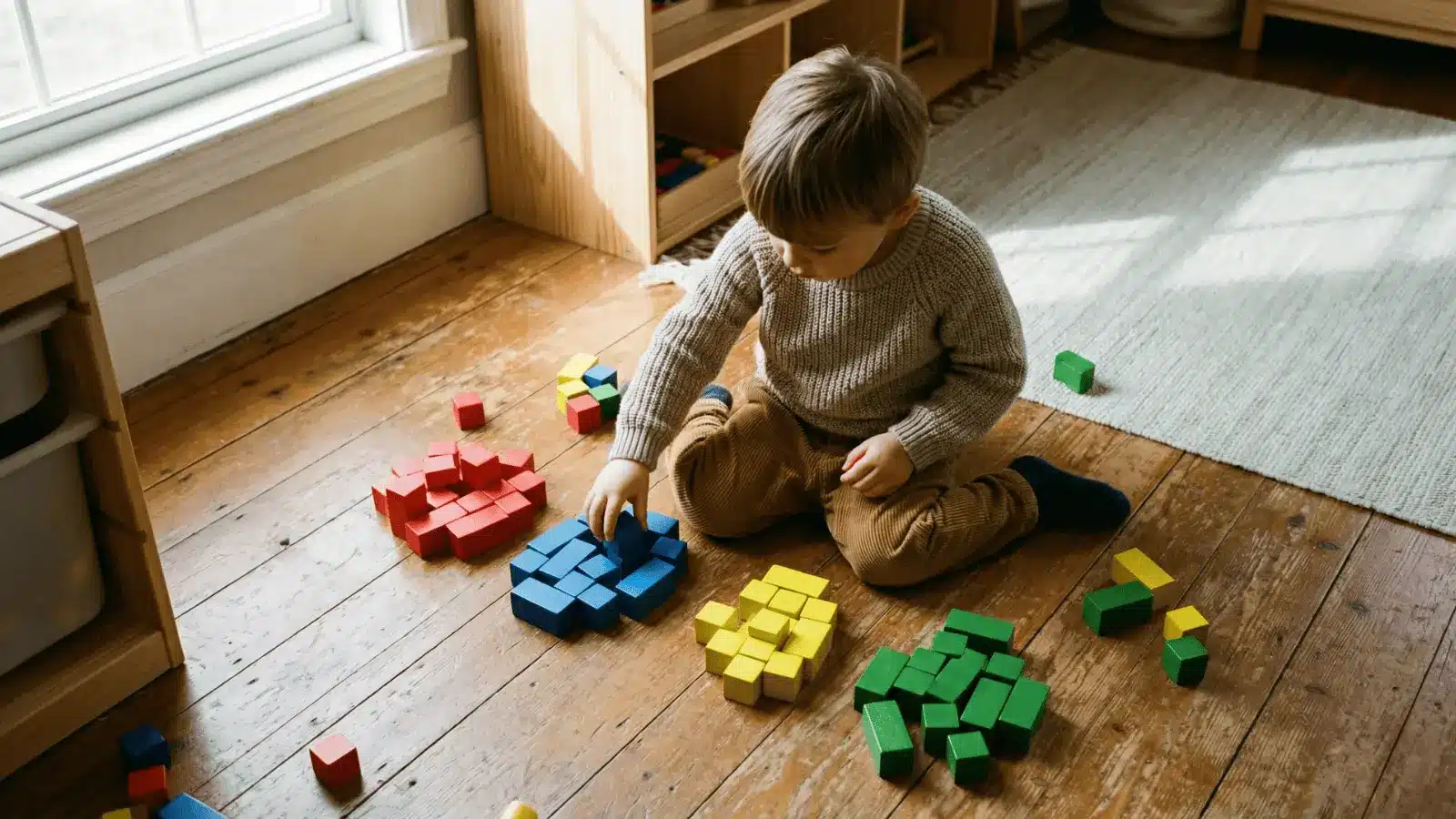 Child sorting colored blocks into groups on the floor
