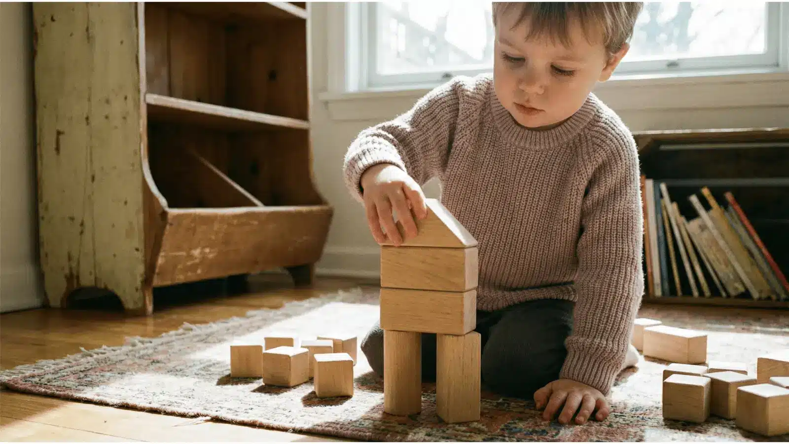 Child stacking simple blocks on the floor while sitting and focusing quietly