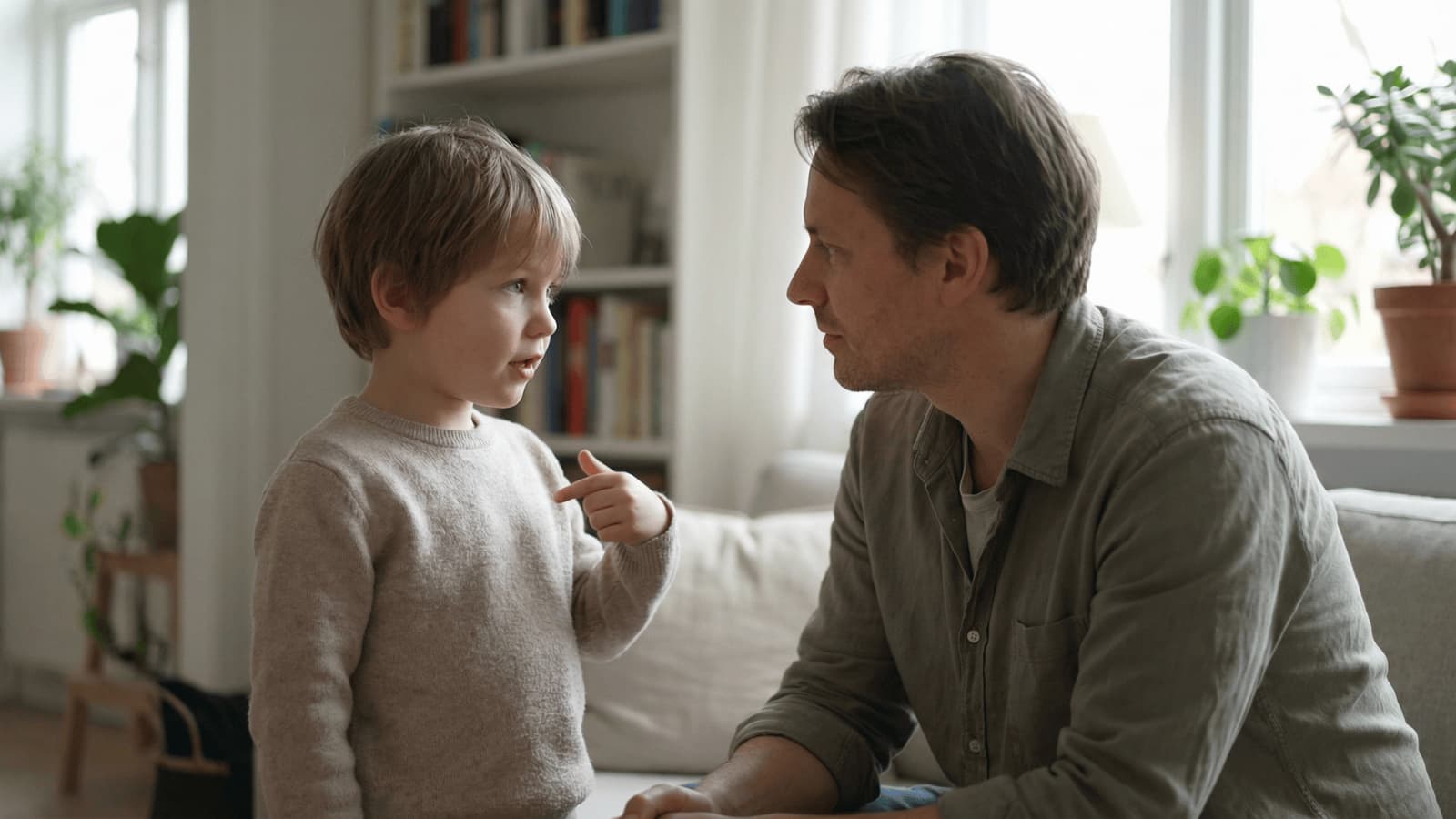 Child talking to an adult while expressing feelings