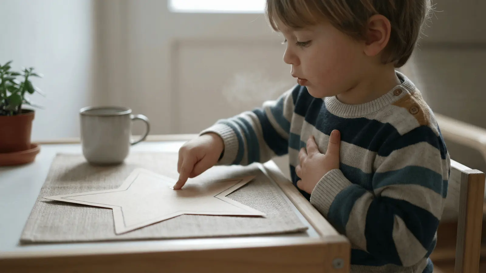 Child tracing a star shape on paper while practicing slow breathing at a table