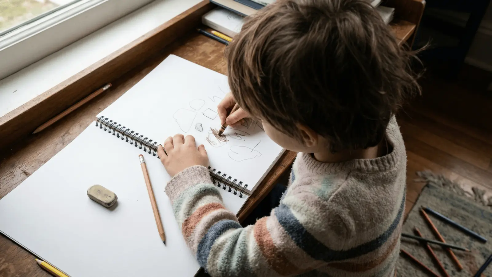 Child writing or drawing in a notebook at a quiet workspace