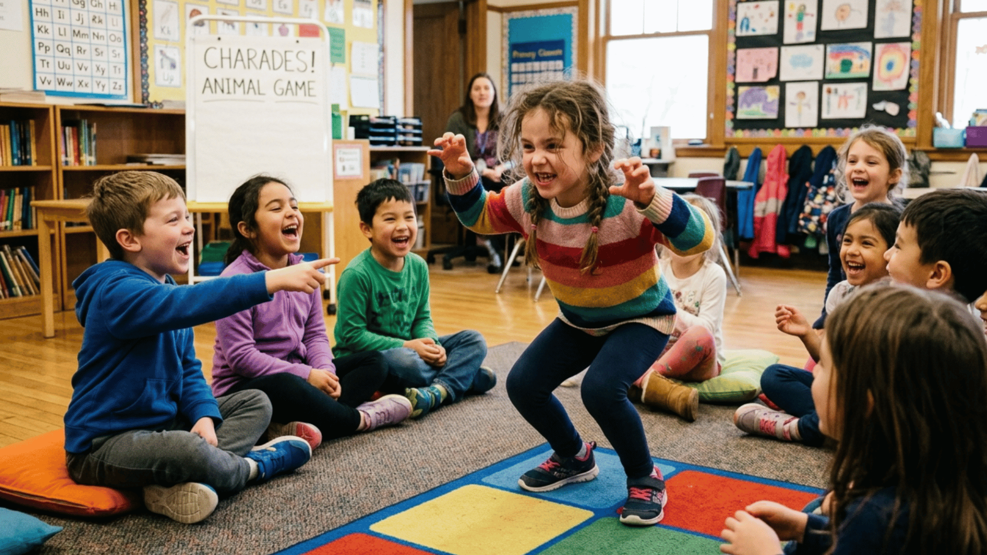 children acting out funny charades while classmates laugh and guess during an indoor group game