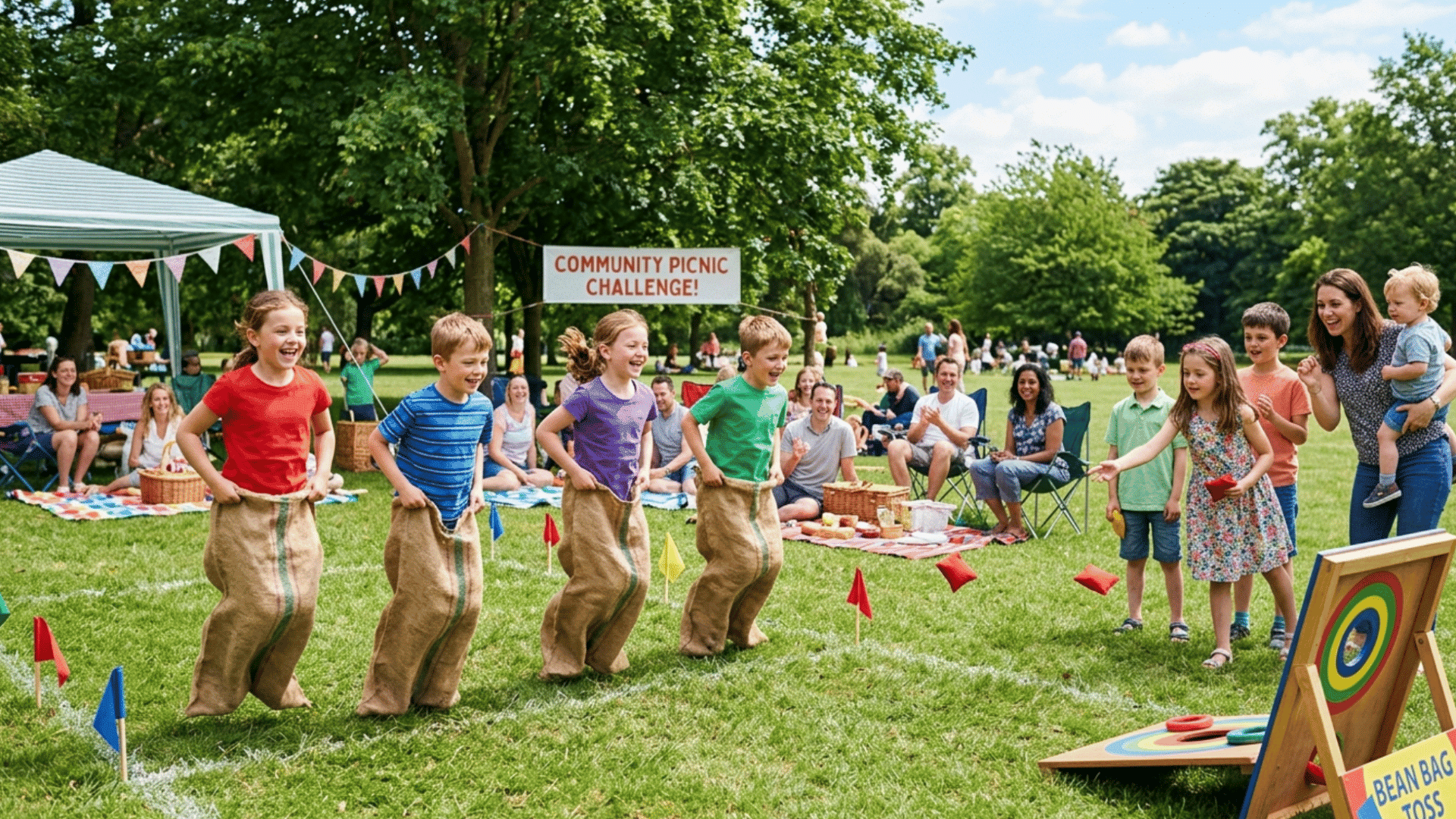 children competing in picnic challenge games outdoors during a fun school or family event activity