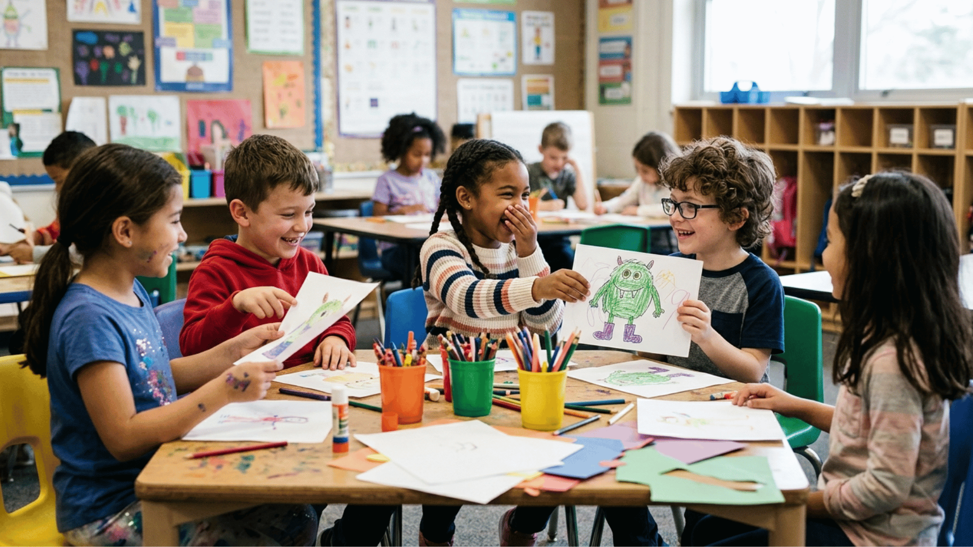 children drawing together at a table while laughing during a creative pass the drawing activity