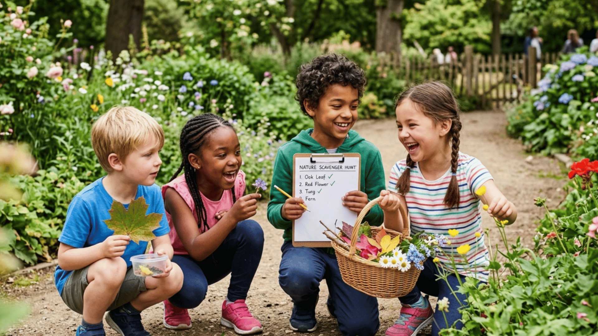 children exploring nature together during a scavenger hunt activity in a sunny outdoor park setting