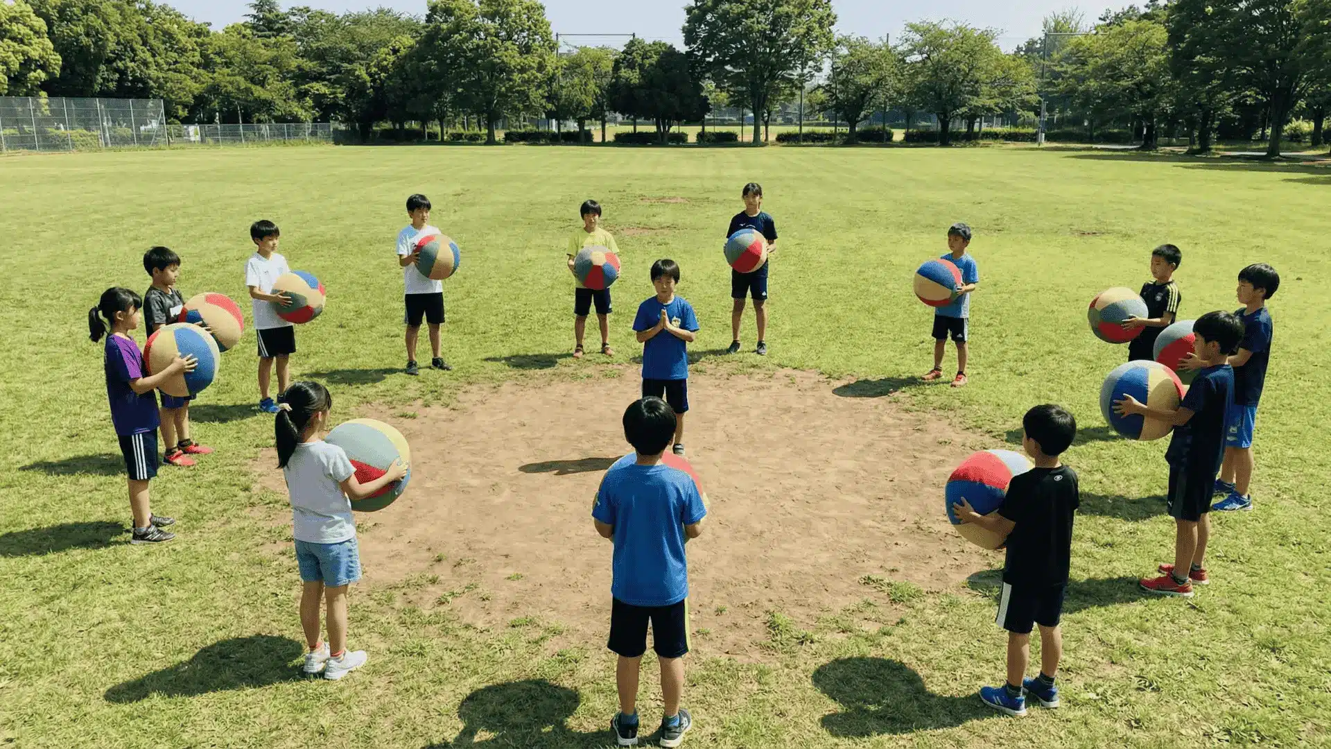 Children forming a circle around one player holding a soft ball in a game
