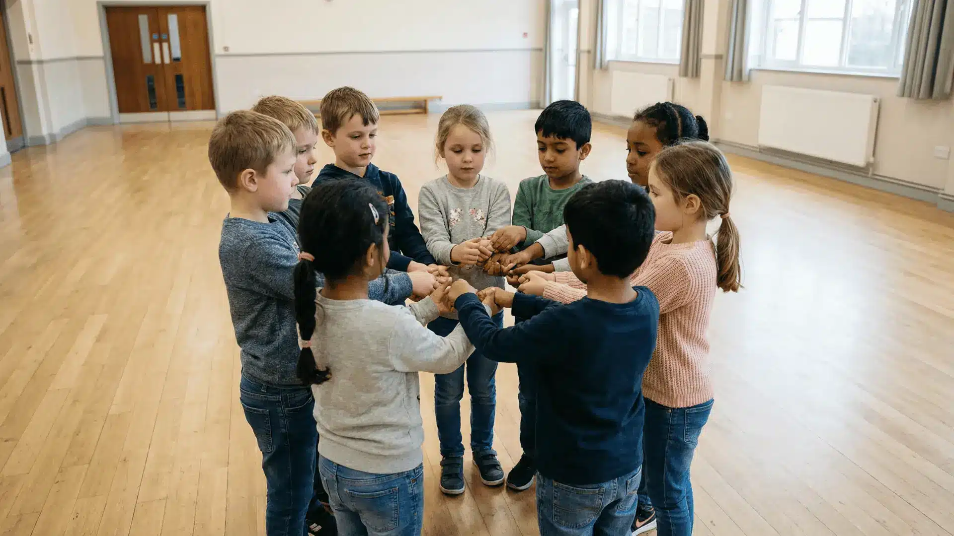 Children holding hands in a tangled circle formation