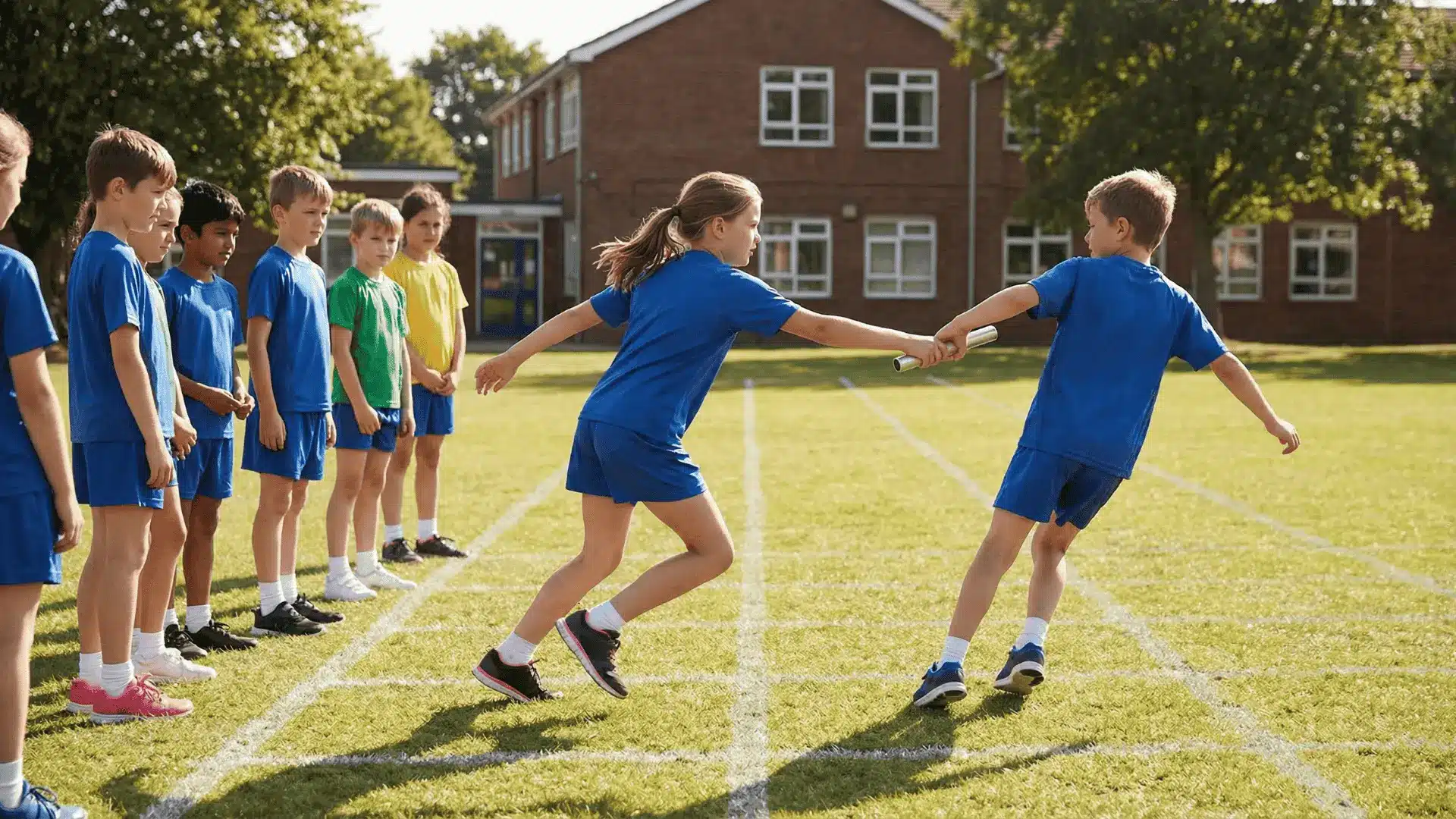 Children in teams taking turns running in a relay race