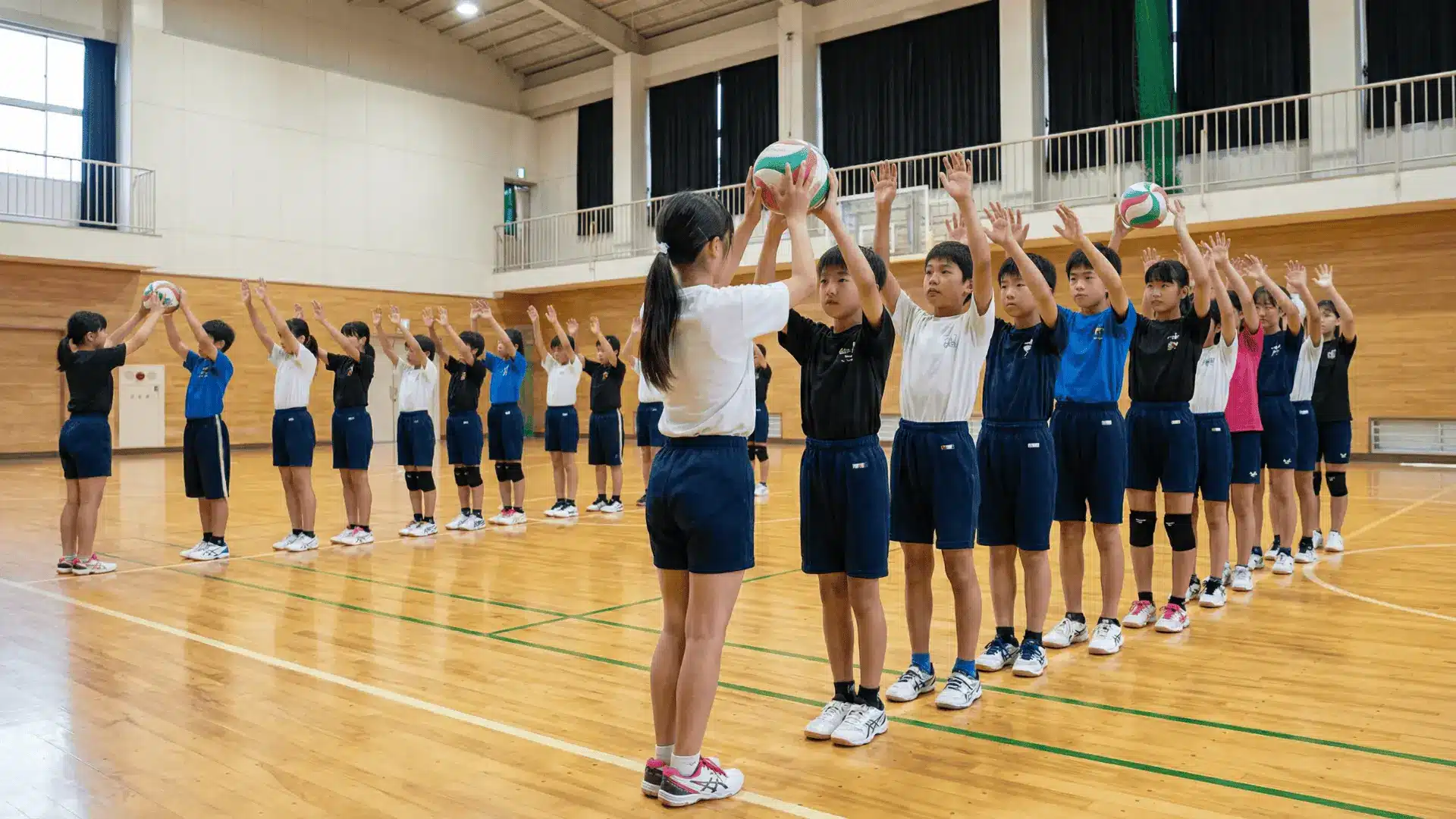 Children passing a ball along a line as part of a team race