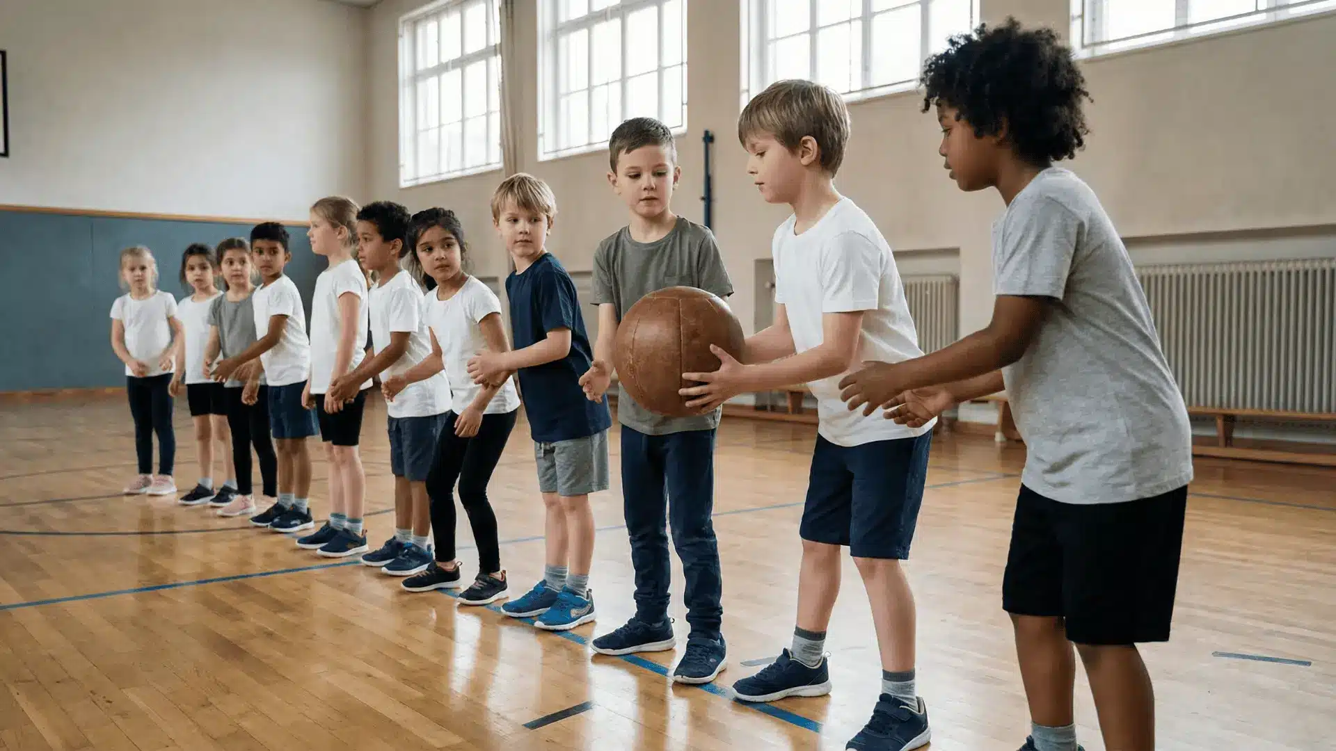 Children passing a ball along a line in a team