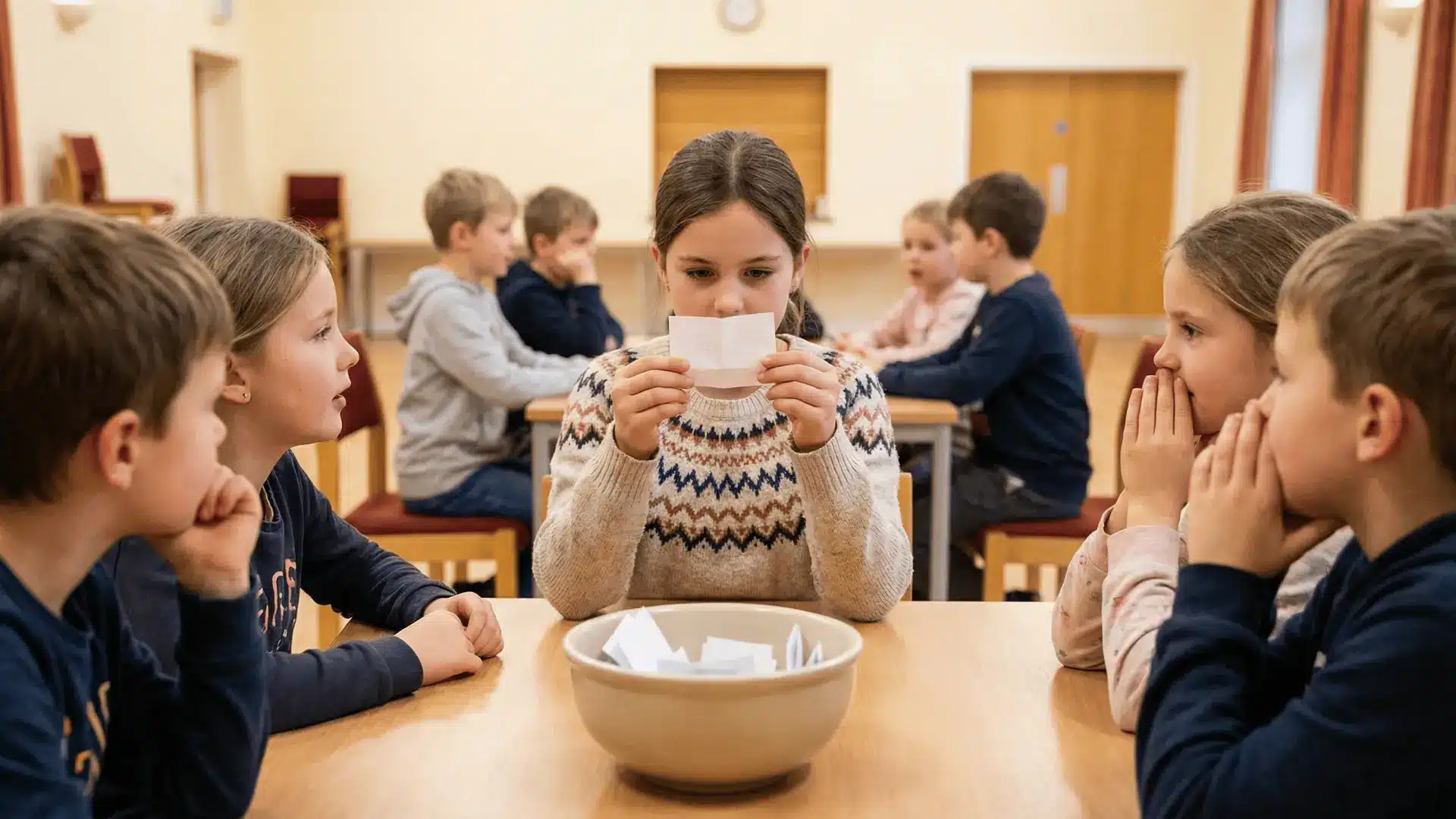 Children playing a guessing game using slips of paper from a bowl