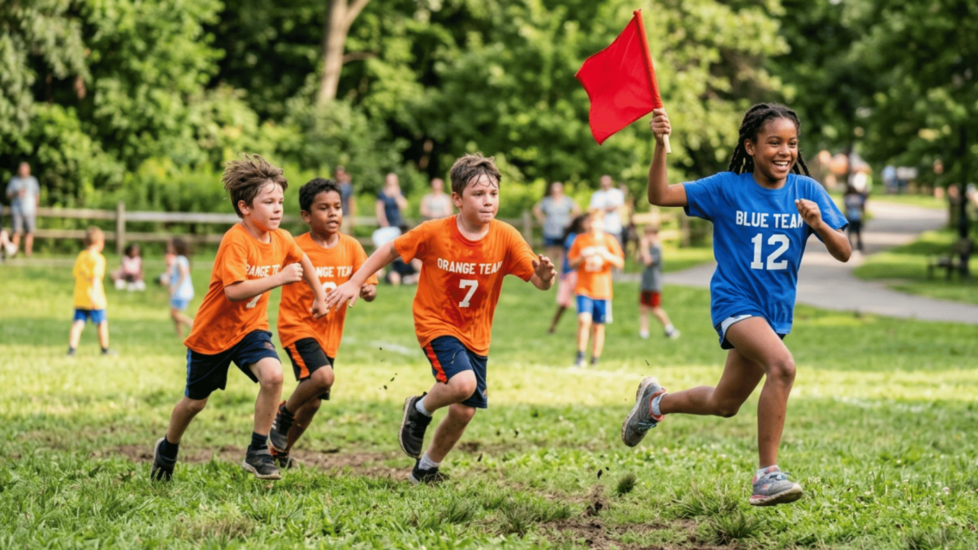 children playing capture the flag outdoors while running across a grassy field during team play