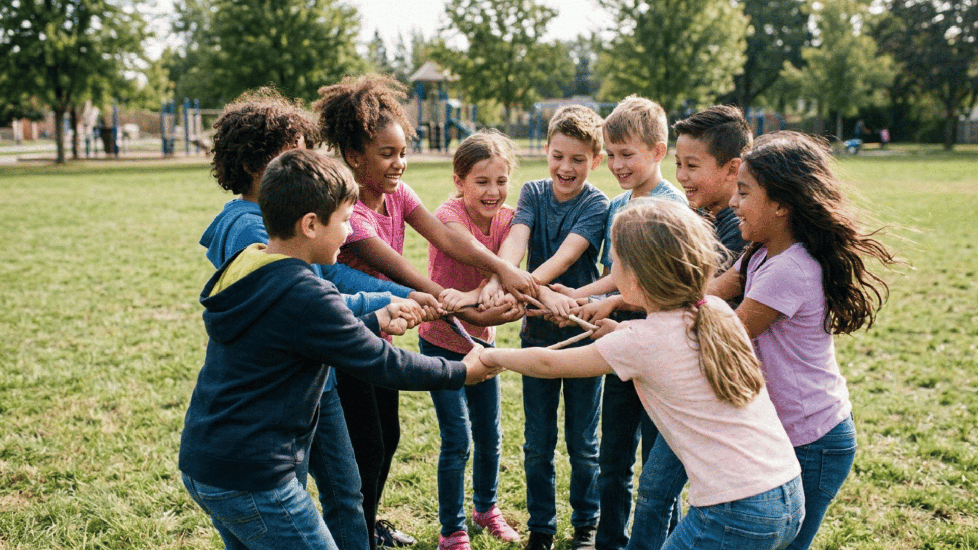 children playing human knot outside together during an exciting outdoor teamwork game at school