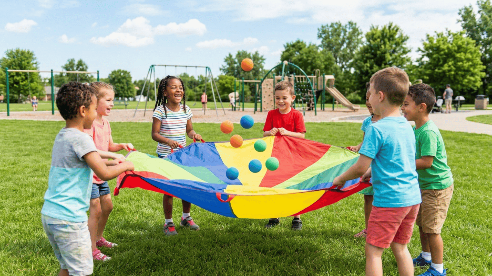 children playing parachute games together outdoors with colorful fabric during group playtime