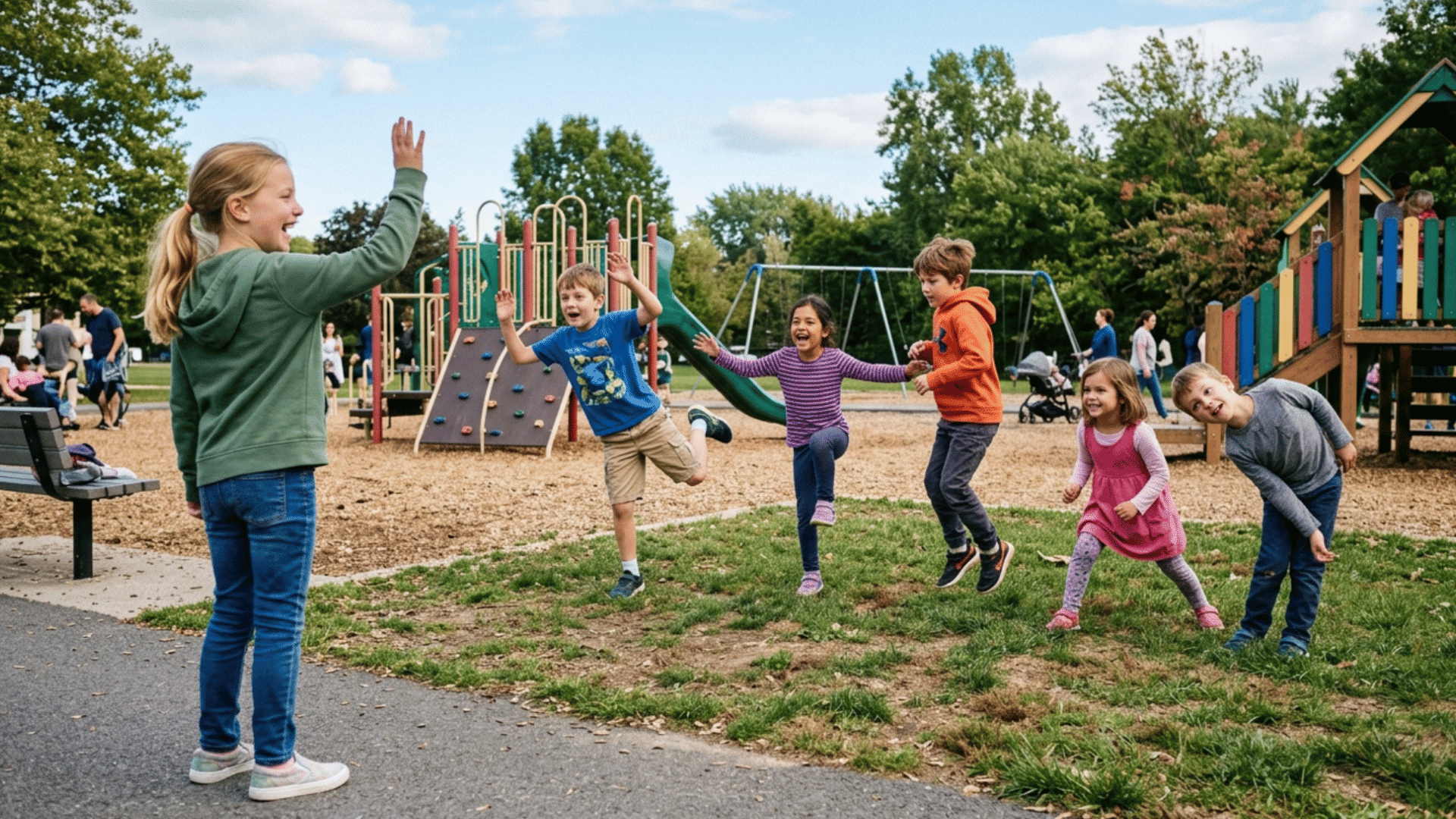 children playing red light green light at a playground while freezing in funny poses during outdoor group play