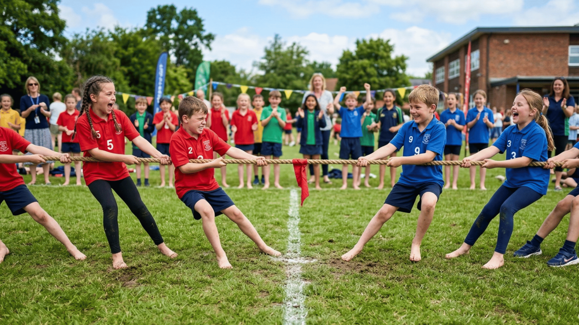 children playing tug of war outdoors while pulling a rope together during a fun teamwork activity