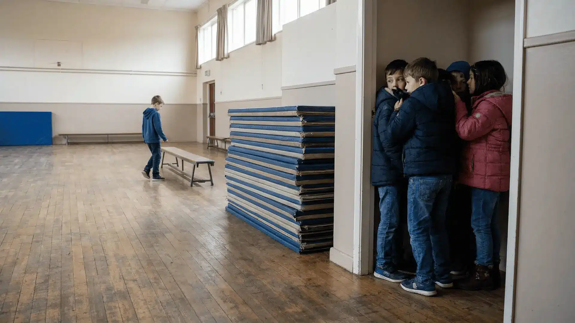 Children quietly squeezed into one hiding spot while one child searches in a large play area