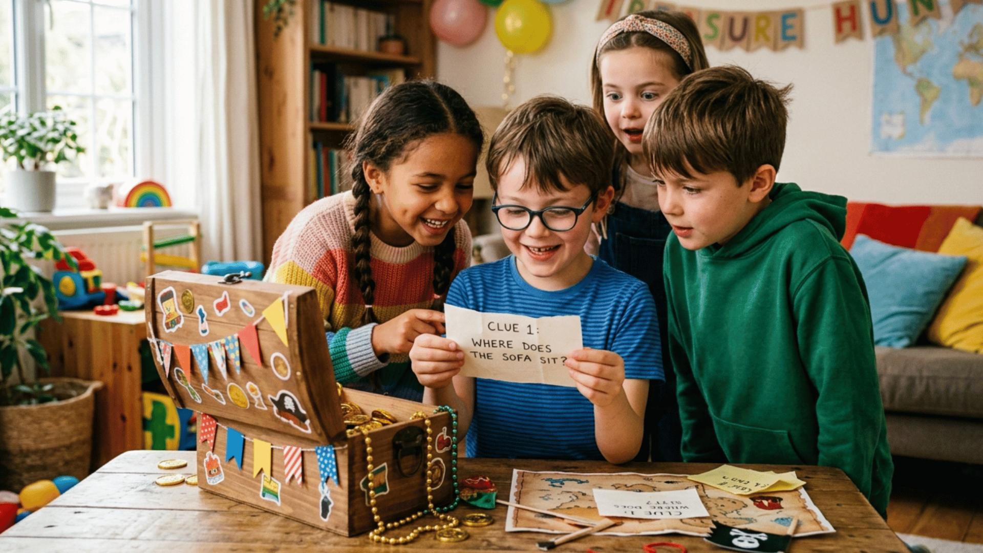 children reading and discussing clues together during a fun indoor treasure hunt team activity