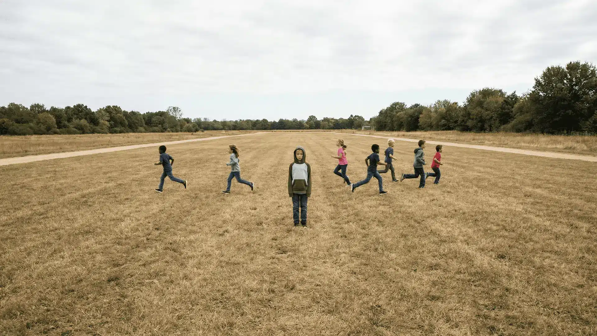 Children running across a field past one player in center