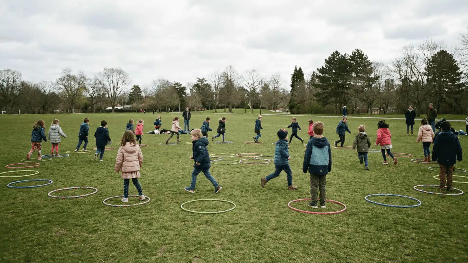 Children running and standing inside hoops in a play area
