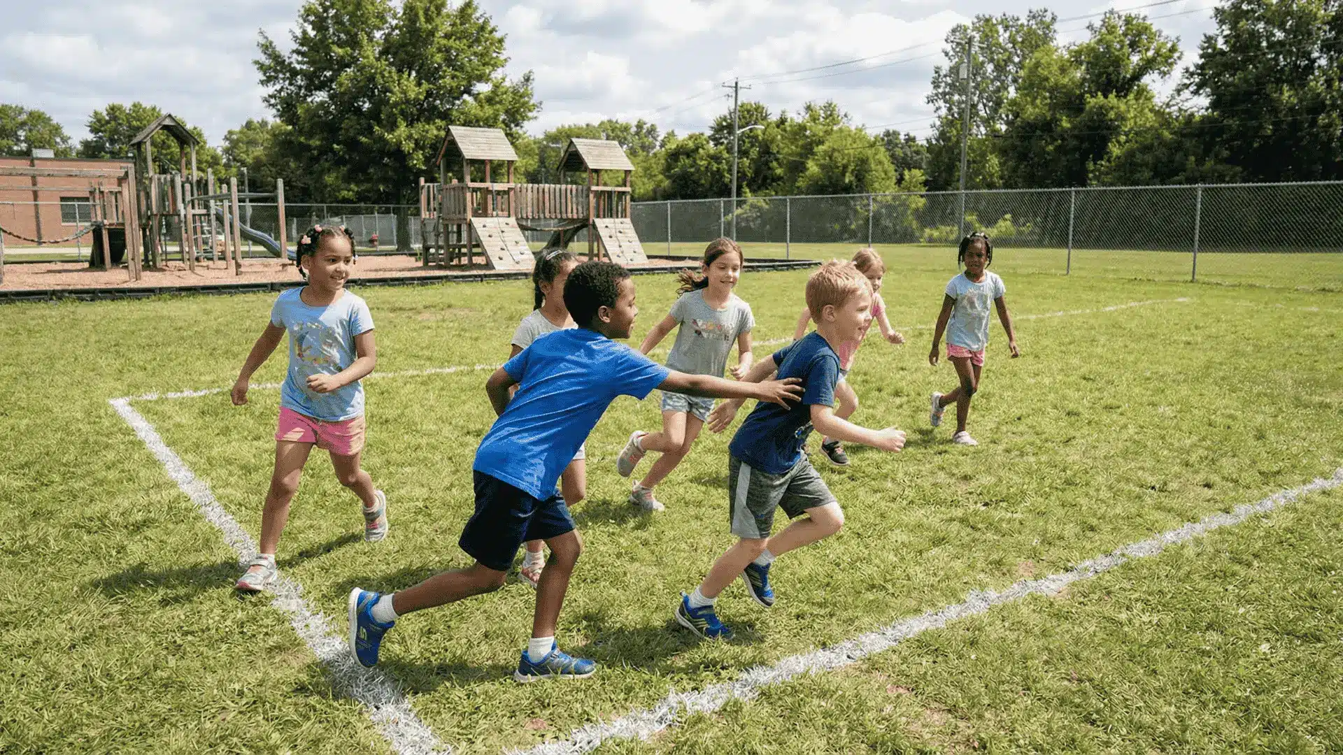 Children running in a playground while one player chases others in a tag game
