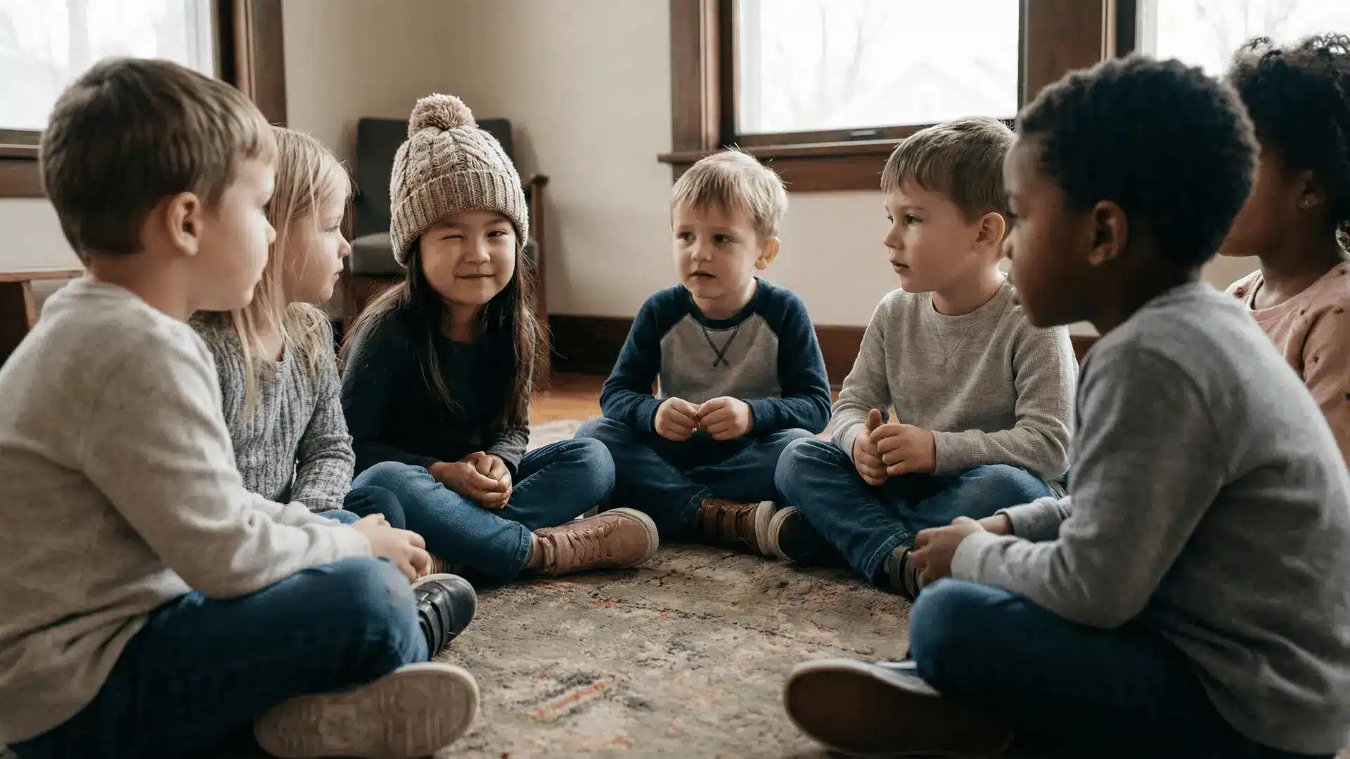 Children sitting in a circle during a wink-based game