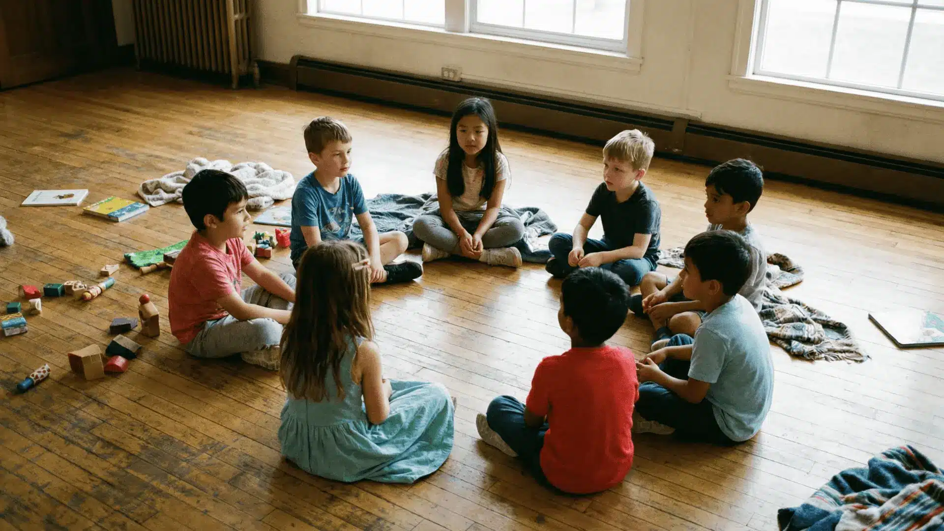 Children sitting in a circle looking toward each other
