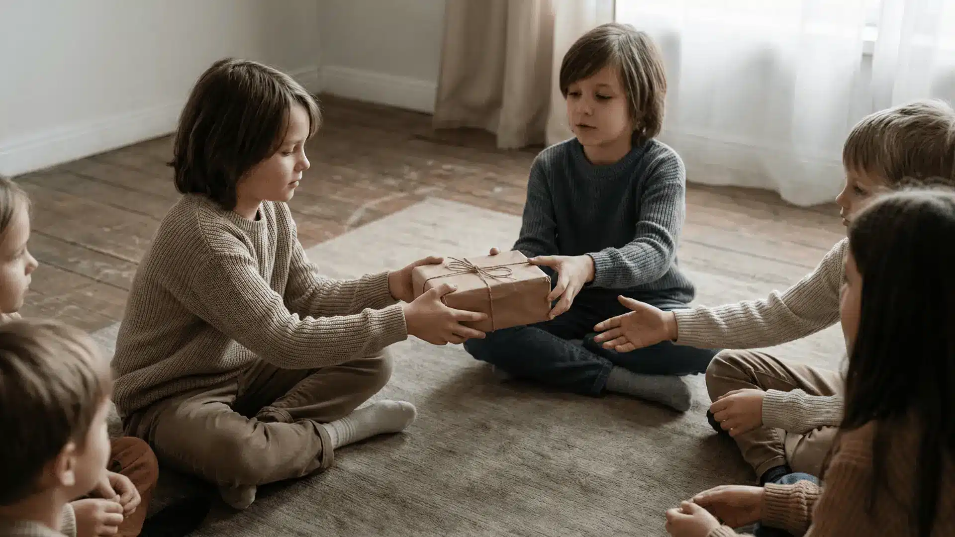 Children sitting in a circle passing a wrapped parcel indoors