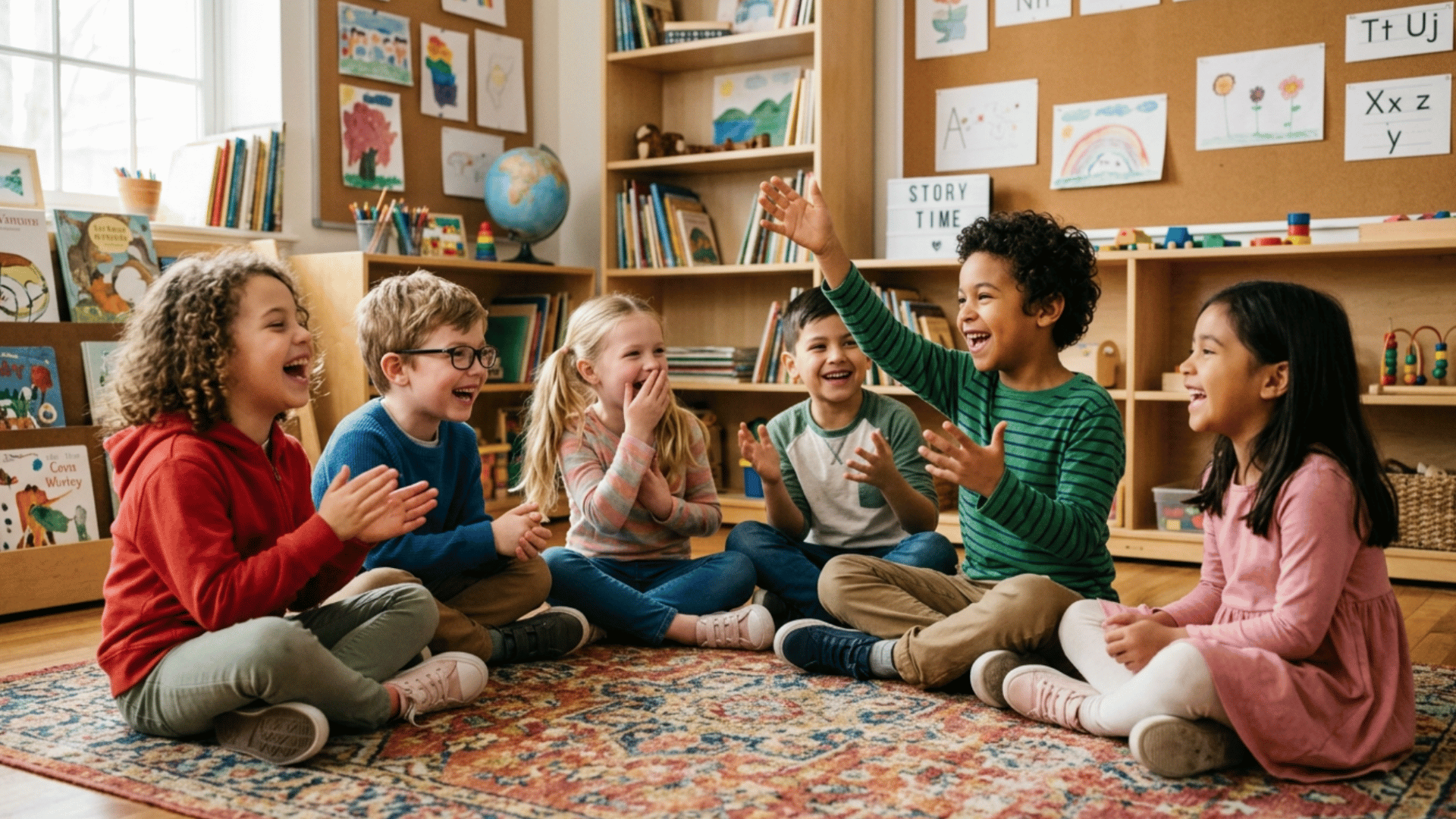 children sitting in a circle sharing funny stories together during an indoor group storytelling game