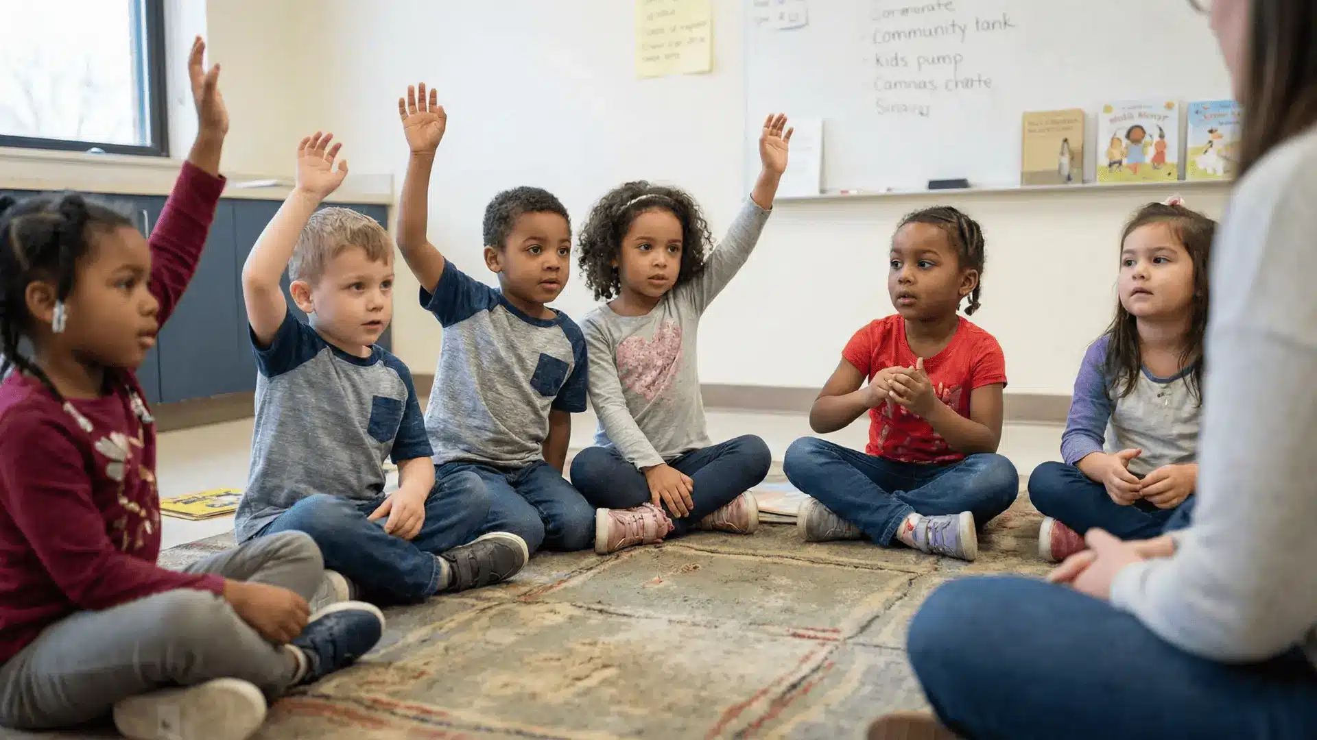 Children sitting in a group asking questions