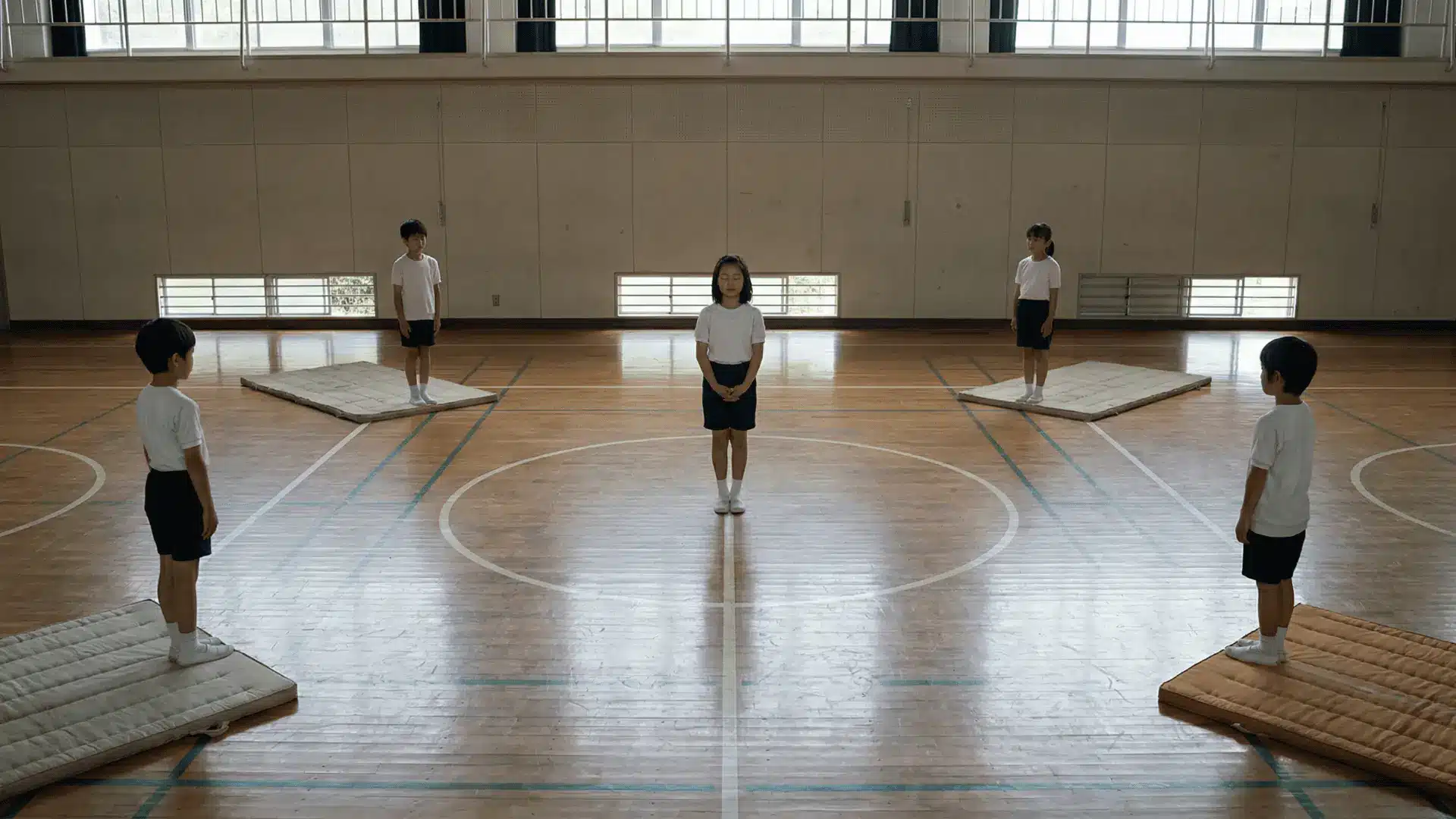 Children standing in four corners while one player stands in the center with eyes closed