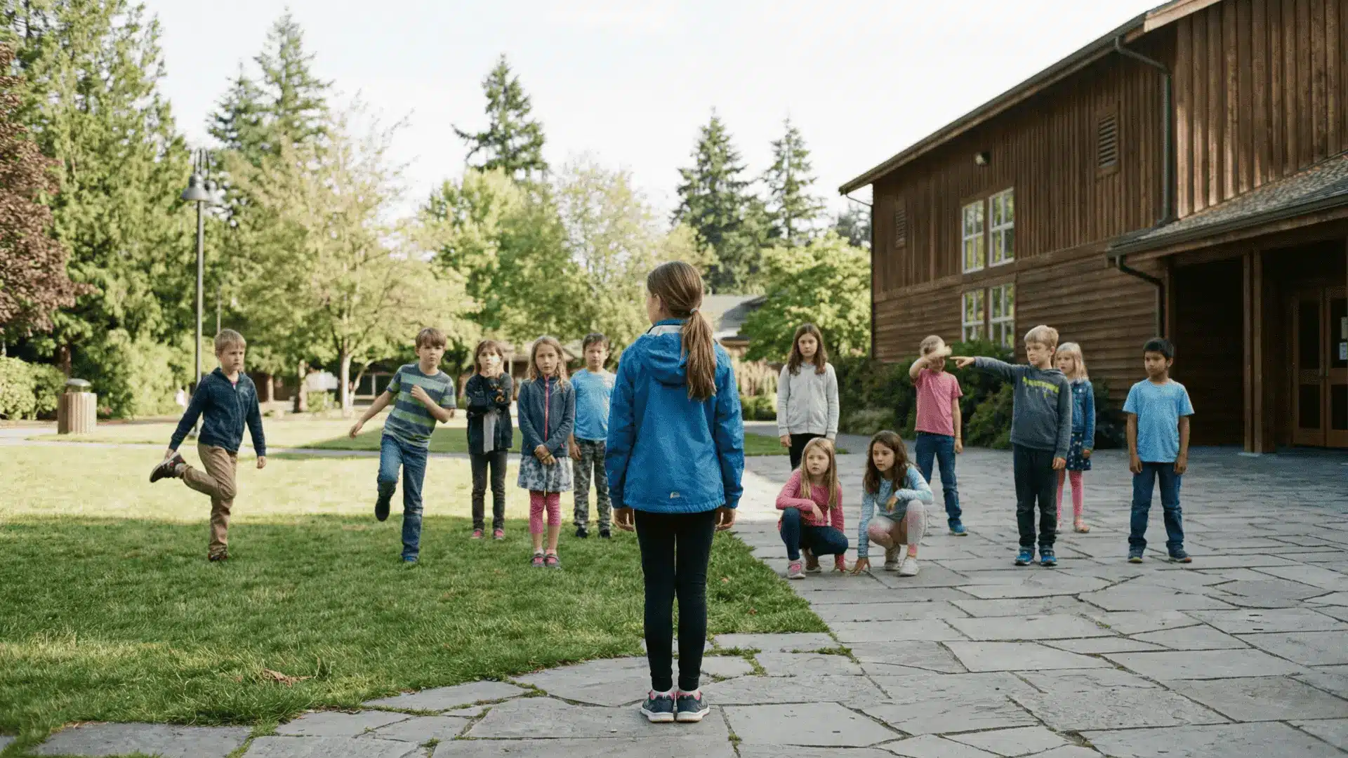 Children standing still in frozen positions during a game