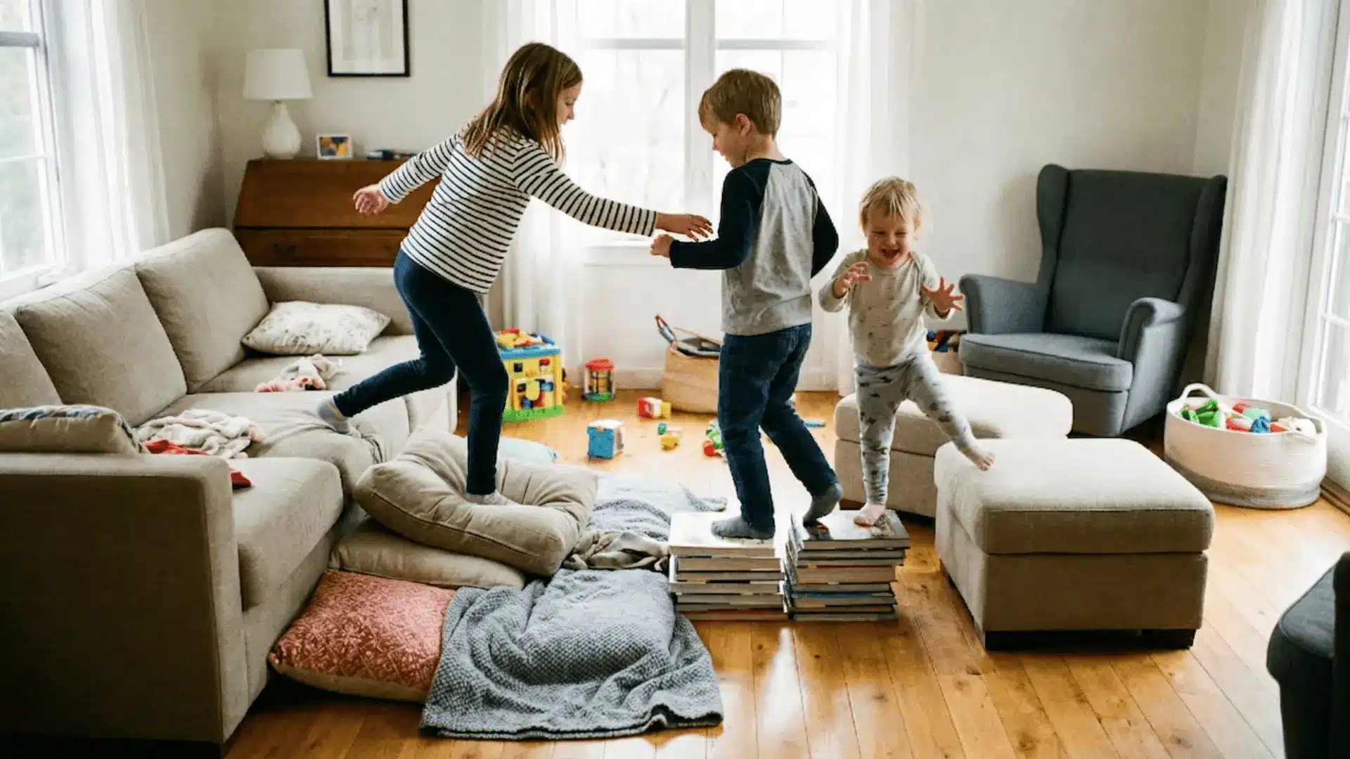 Children stepping on cushions and objects to move across a living room without touching the floor