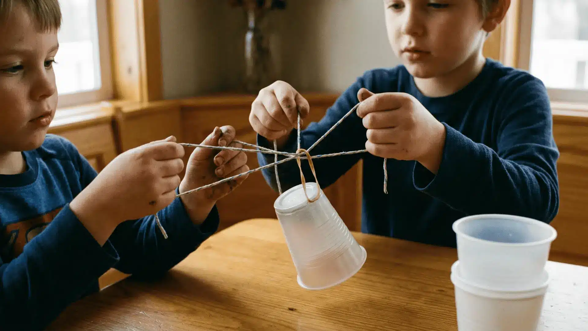 Children using strings to stack cups on a table