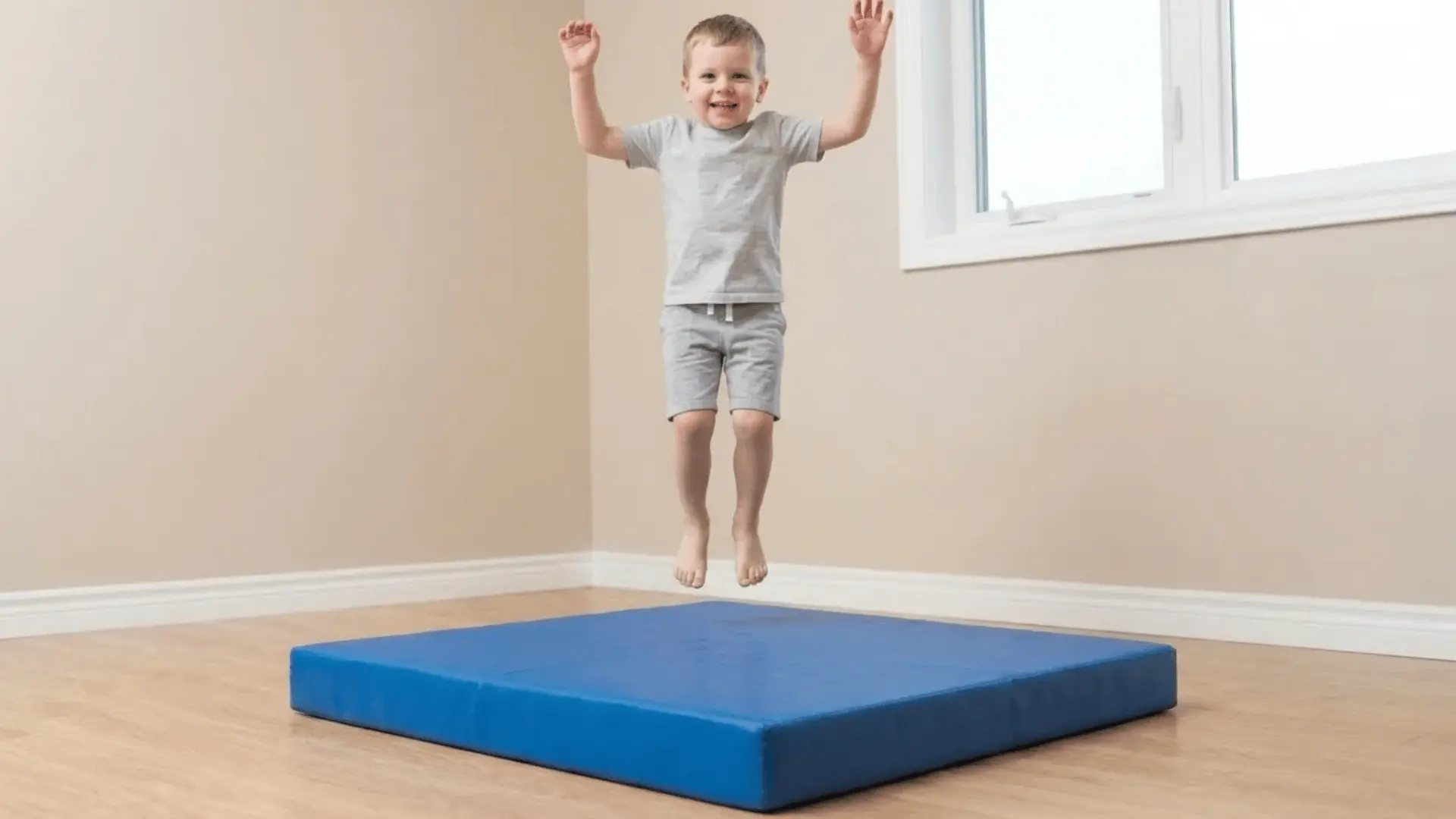 Child’s feet jumping above a mat in an indoor space follow reference image